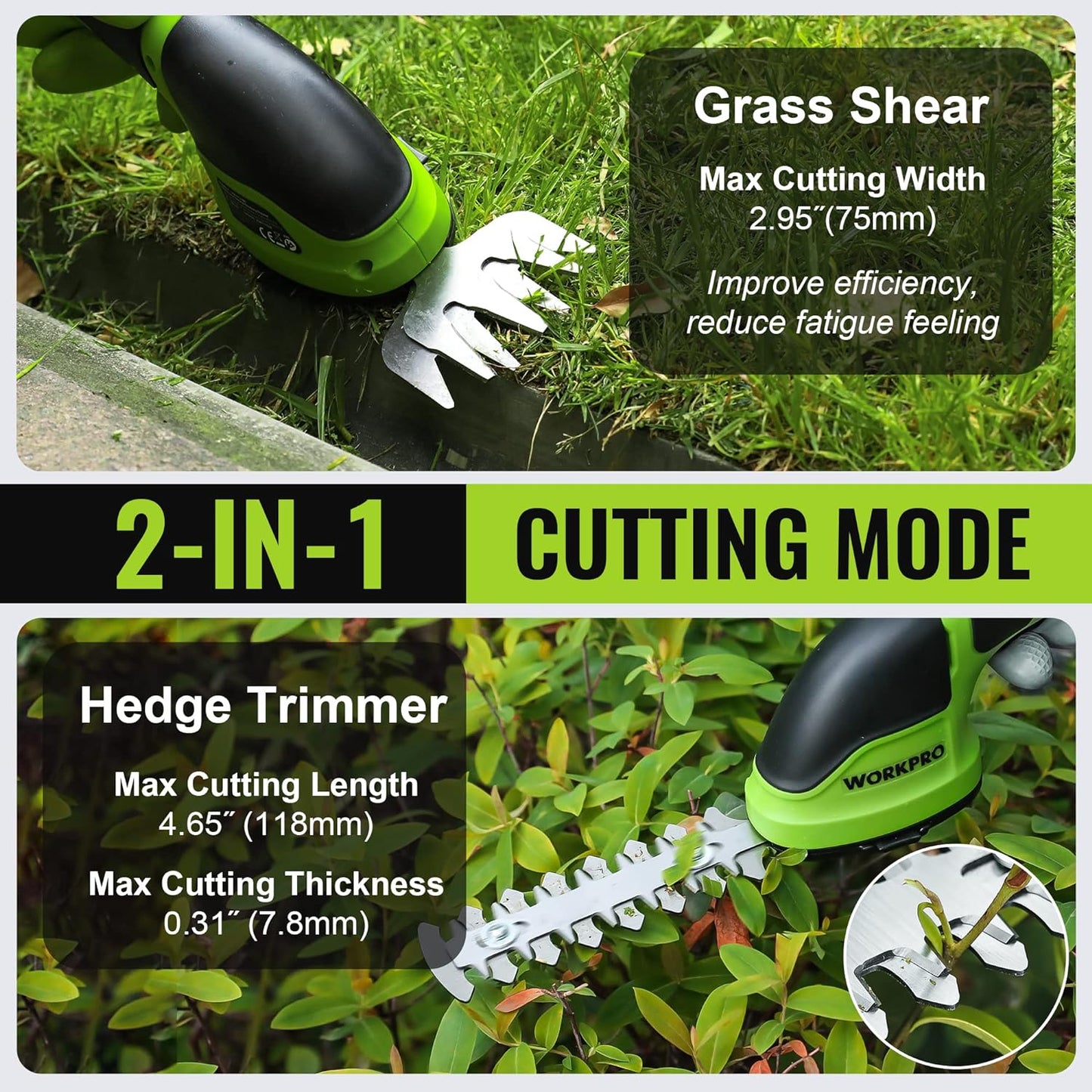 WORKPRO Cordless Grass Shear & Shrubbery Trimmer - 2 in 1 Handheld Hedge Trimmer Electric Grass Trimmer Hedge Shears/Grass Cutter Rechargeable Lithium-Ion Battery and Type-C Cable Included (Green)