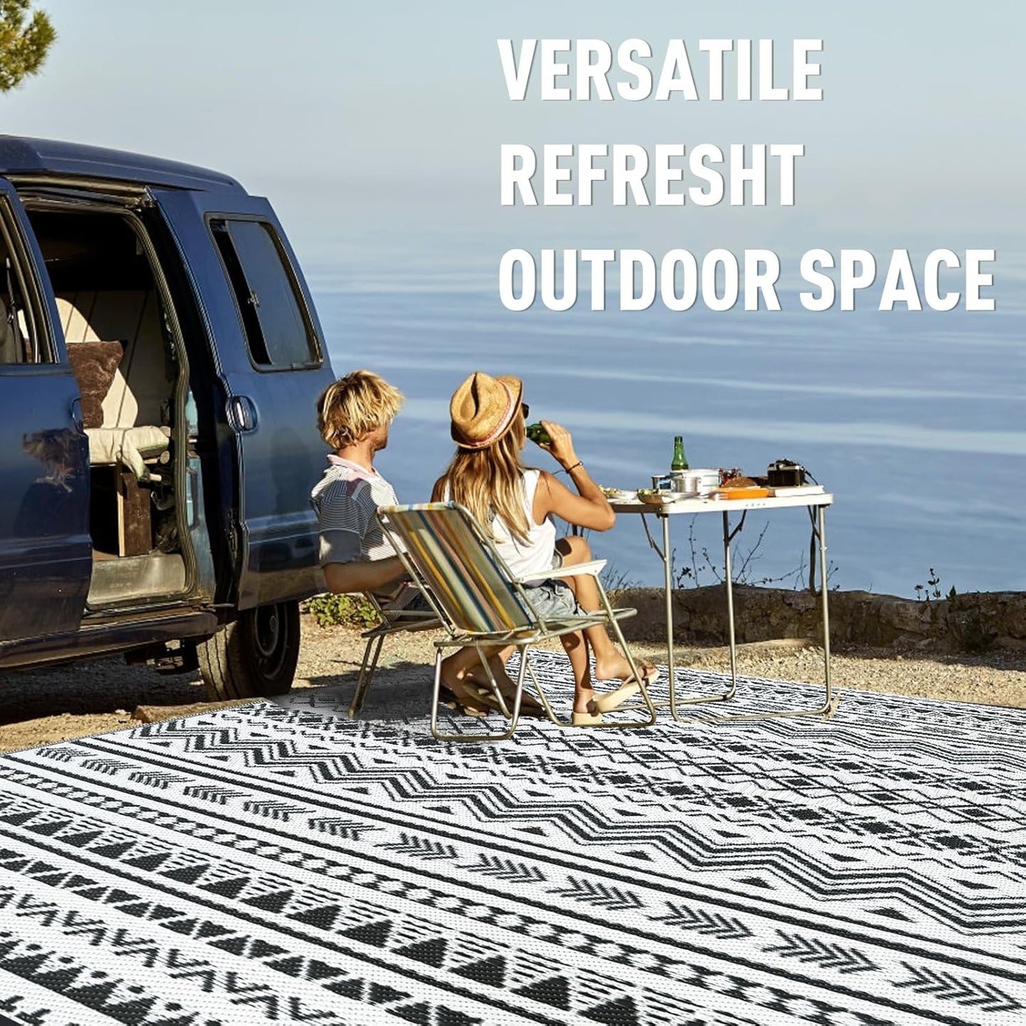 WILDROOTS 8x10 Feet Black and White Plastic Outdoor Rug, Stain Resistant Waterproof Reversible Outdoor Patio Rug, Fade Resistant Camping Rug