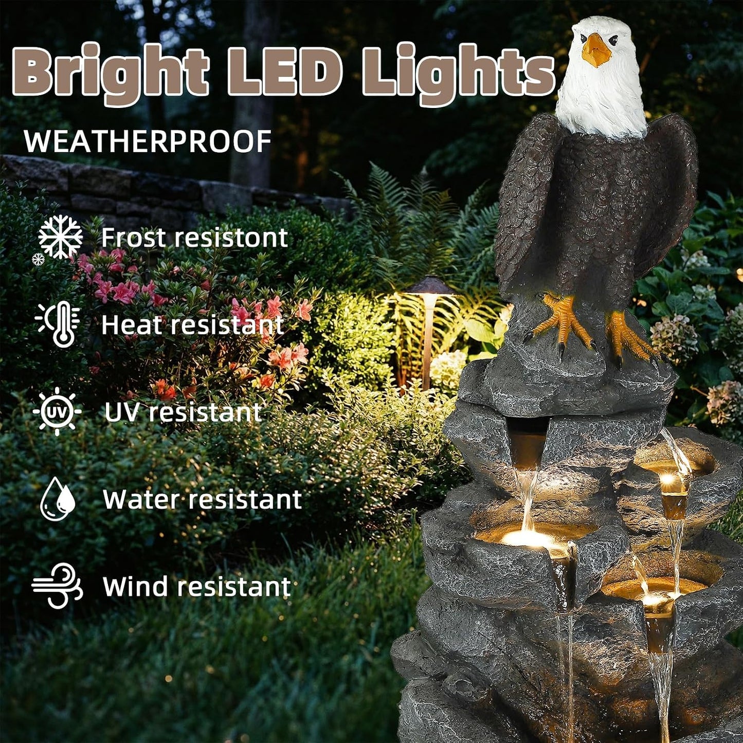 5 Tier Garden Fountain with Bald Eagle Statue, Outdoor Resin Water Feature with 4 LED Lights & Pump, Rock Cascading Waterfall Fountain for Patio Yard Porch Balcony and Home Art Decor