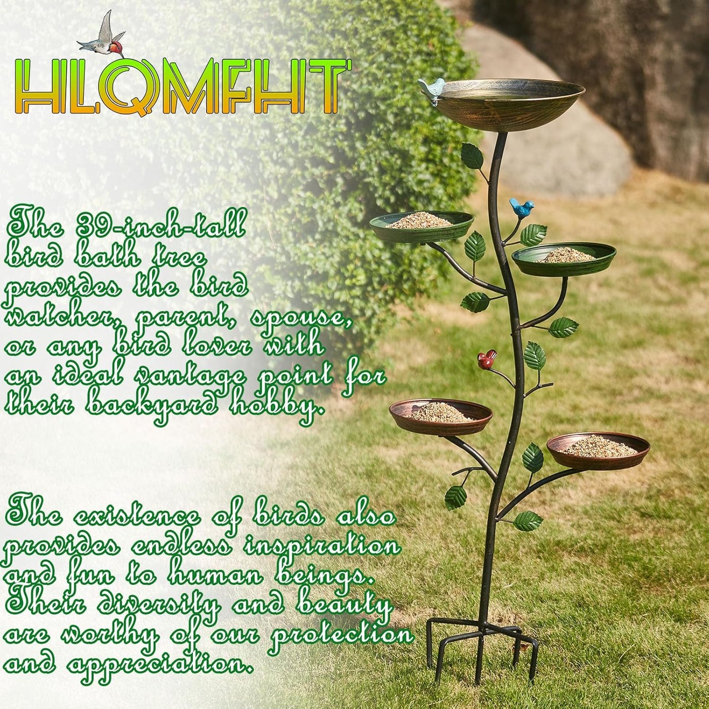 44.5" H Bird Baths for Outdoors with Metal Stakes, Standing Bird Baths with 4 Metal Bird Feeder Trays, for Garden Yard Decor