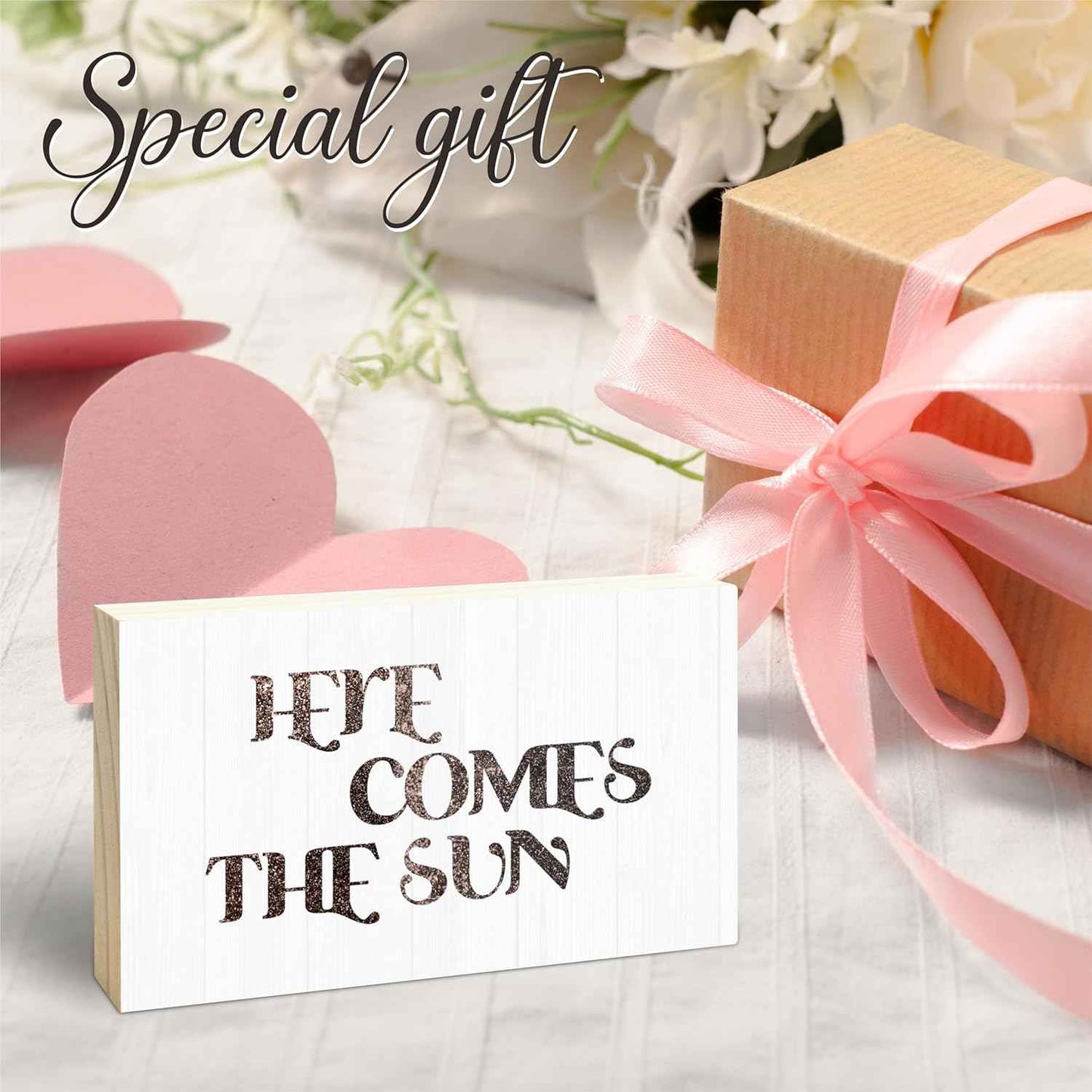 Wooden Block Sign - Here Comes The Sun - 3"X5" Pine Wood Plaque, Home & Office Decorations, Housewarming Gift, Table, Shelf, Desk Decor & Accessories - B15