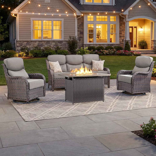 Luxury Patio Furniture Set with 6-inch Thick Cushion, Outdoor Furniture with Fire Pit Table, Swivel Chairs, Sofa, 4pcs Wicker Conversation Set for Deck Yard and Poolside(Grey)