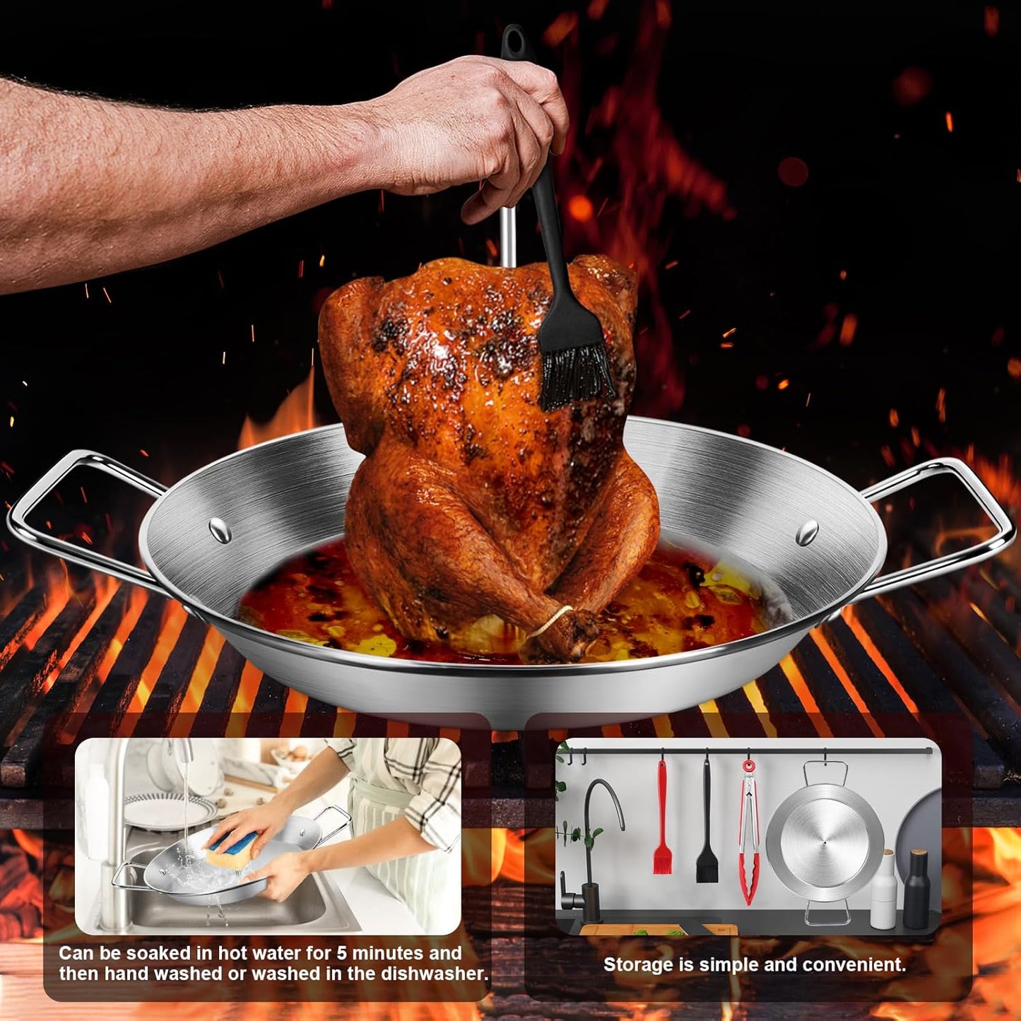 Stainless Steel Al Pastor Skewer & Gyro Pan for Grill – BBQ Vertical Skewer Pan Set with 3 Removable Spikes (8”/10”/12”), Brushes & Tongs, Brazilian Spit Stand for Tacos, Shawarma, Kebabs, Oven