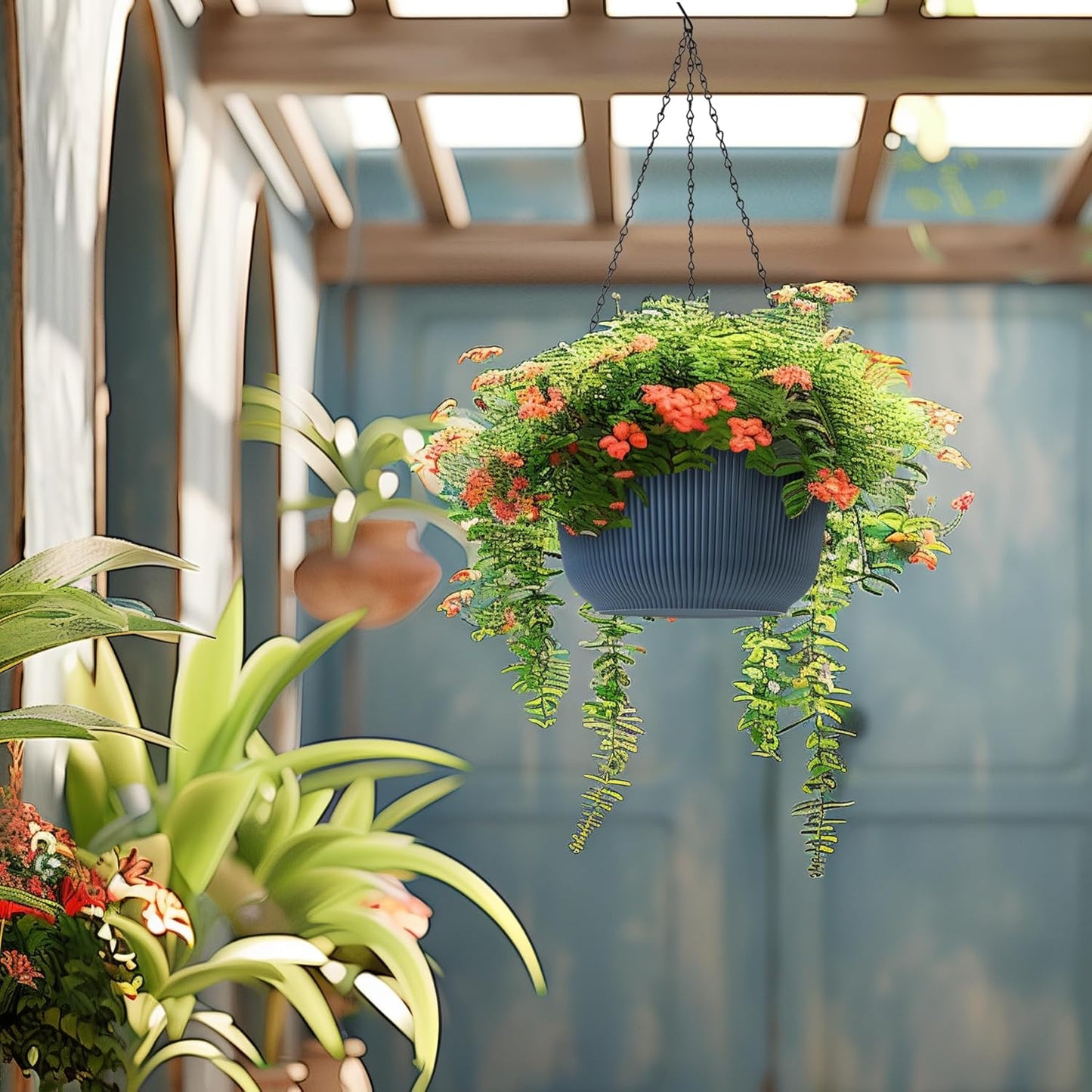 T4U 12 Inch Large Hanging Planters for Outdoor Plants, 2 Pack Self Watering Pots Indoor, Hanging Baskets for Plants,Hanging Flower Pot with Drainage Hole and Plant Hanger, Blue