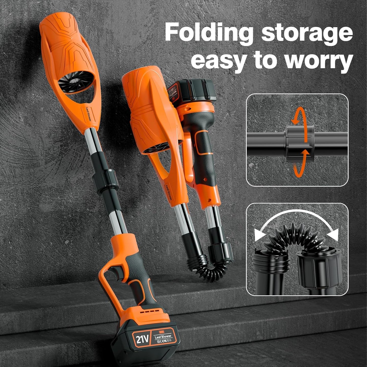 Leaf Blower Cordless with Battery and Charger, 290000 RPM, Folding & Lightweight Turbo Jet Blower for Lawn, Yard, Sidewalk Cleaning-(Orange)