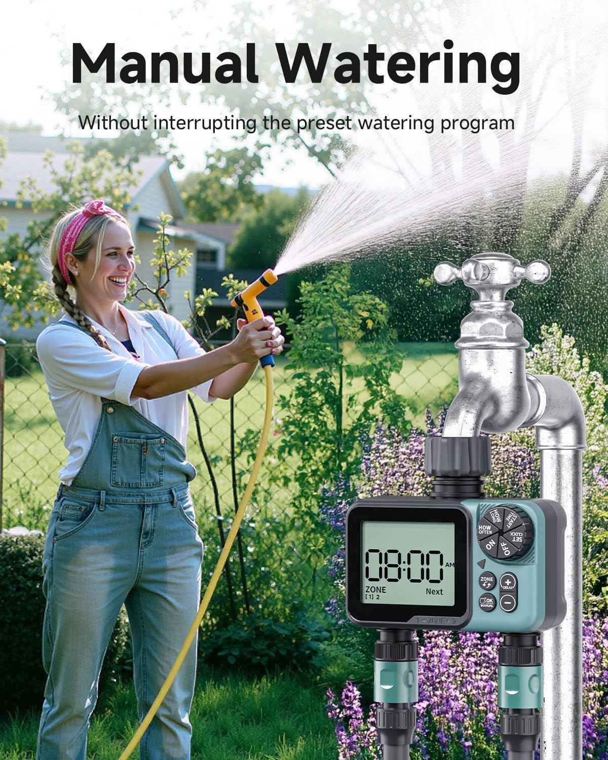 Sprinkler Timer 2 Zone & Digital Water Timer for Garden Hose, Yard, Lawn, Pool – Programmable Irrigation Controller with Rain Delay, IP55 Waterproof Auto & Manual Irrigation System
