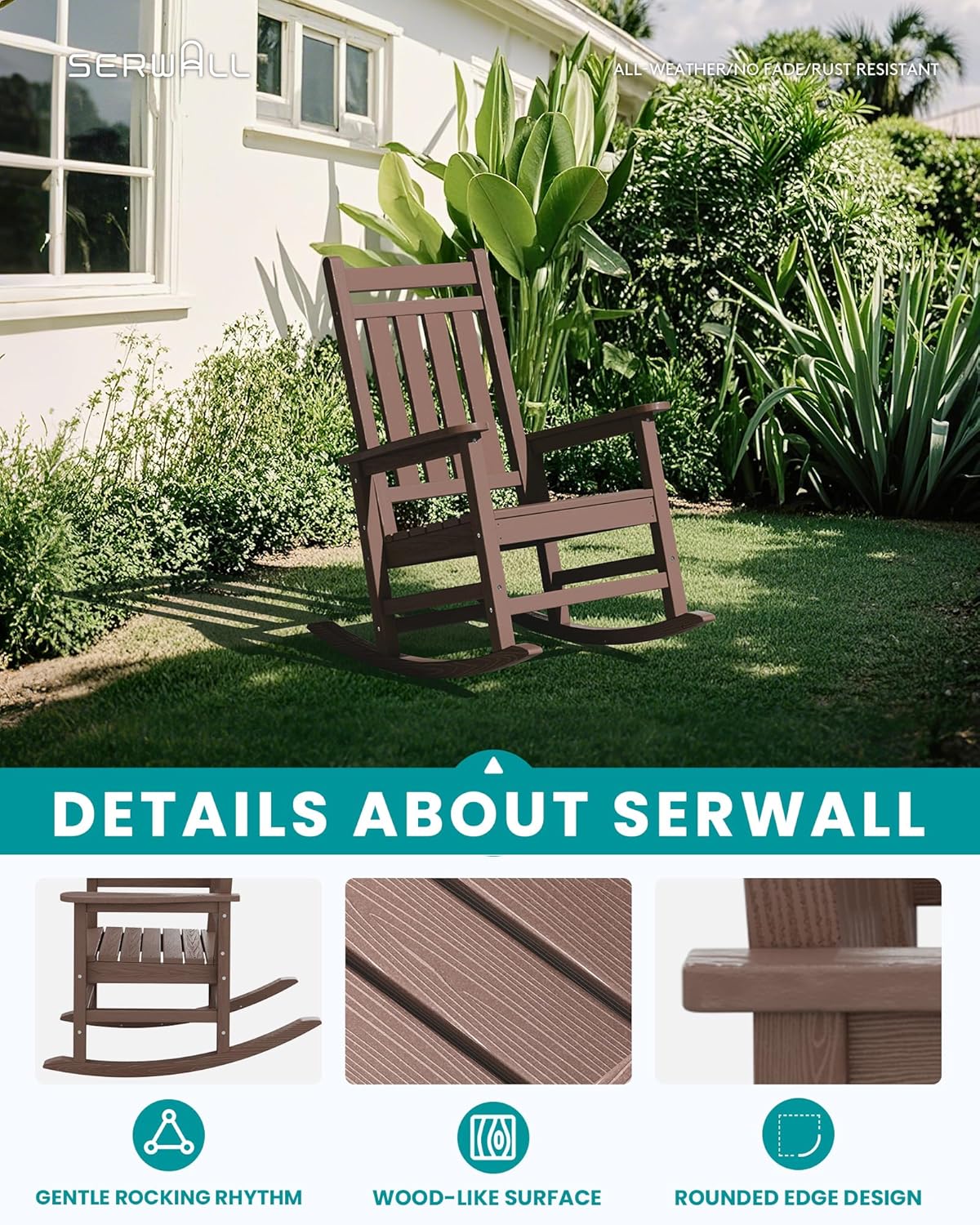SERWALL Oversized Outdoor Rocking Chair Set of 2, HDPE Rocker for Adults, Patio Rocking Chairs for Porch, Brown
