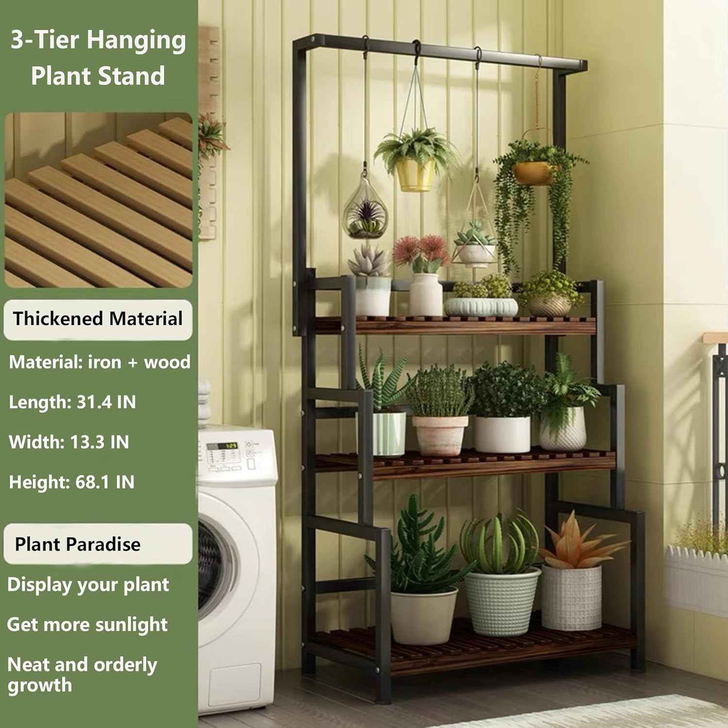 3-Tier Hanging Plant Stand Indoor, 68 Inch Tall Metal Plant Shelf for Indoor Multiple Plants, Large Plant Pot Stand Holder, Heavy Duty Ladder Shape Plant Rack for Living Room, Patio, Balcony