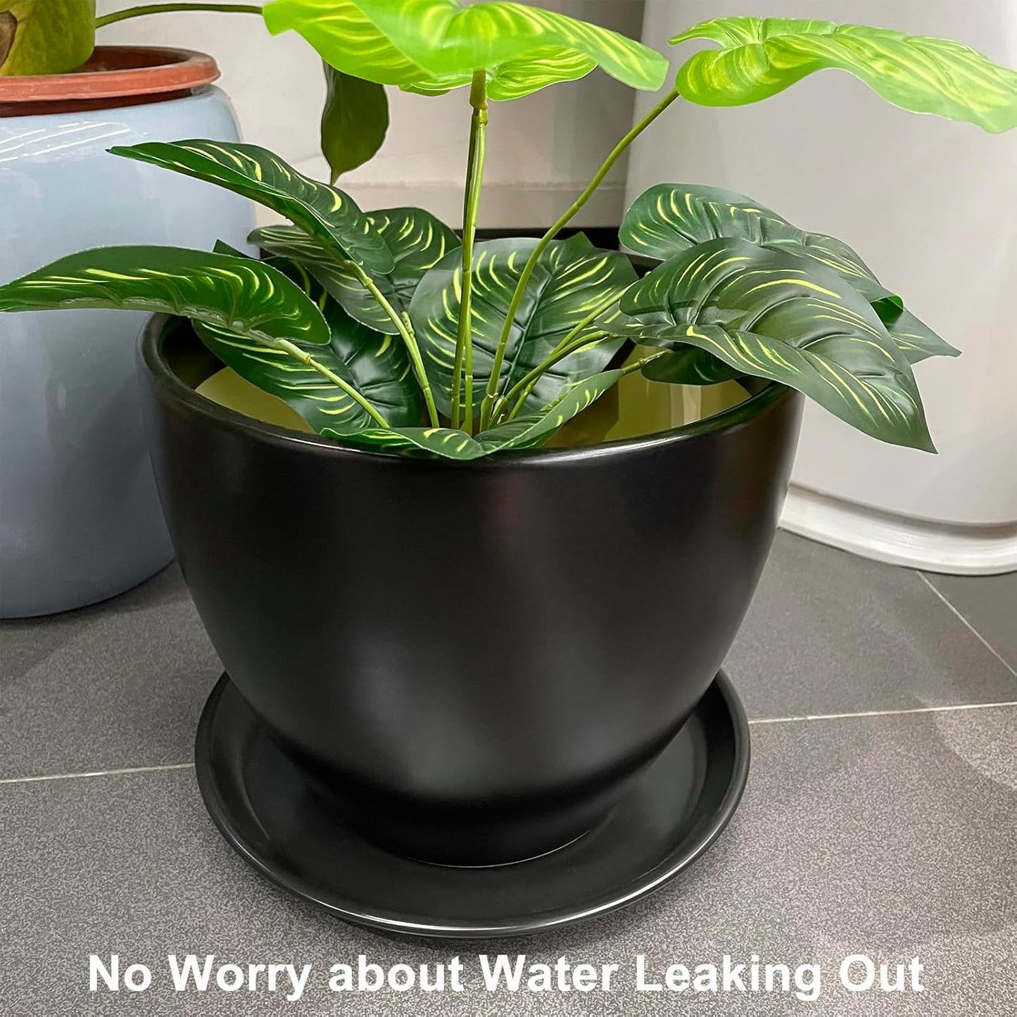 Flower Pot Saucer 12 Inch - Ceramic Plant Saucer for Outdoors Plant Drip Tray for Pots Indoor No Holes Large Plant Dishes to Catch Water Decorative Plant Drainage Tray Black