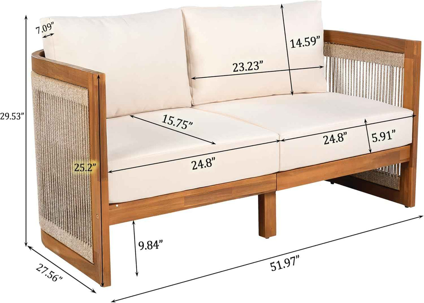 VilroCaz 4-Piece Patio Conversation Set, All Weather Sectional Sofa Set w/ 2 Chairs, Loveseat & Table Premium, Acacia Wood Outdoor Furniture Set with Woven Rope Accents and Cushions (Teak+Beige)
