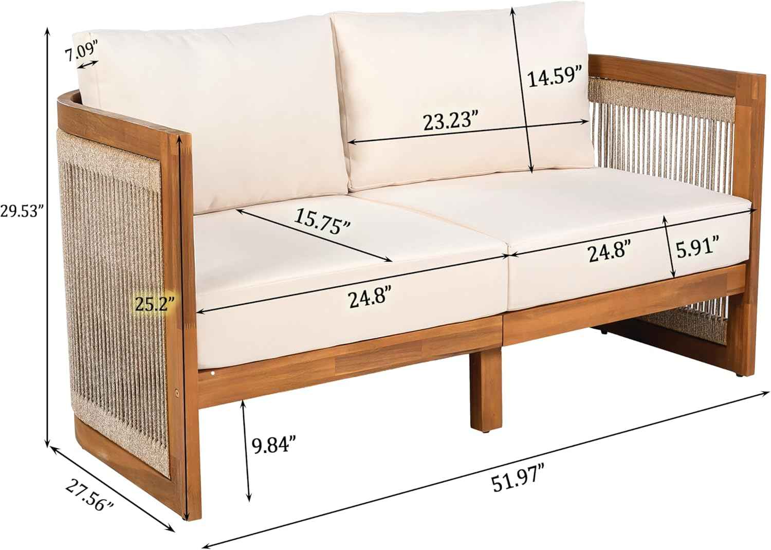 VilroCaz 4-Piece Patio Conversation Set, All Weather Sectional Sofa Set w/ 2 Chairs, Loveseat & Table Premium, Acacia Wood Outdoor Furniture Set with Woven Rope Accents and Cushions (Teak+Beige)
