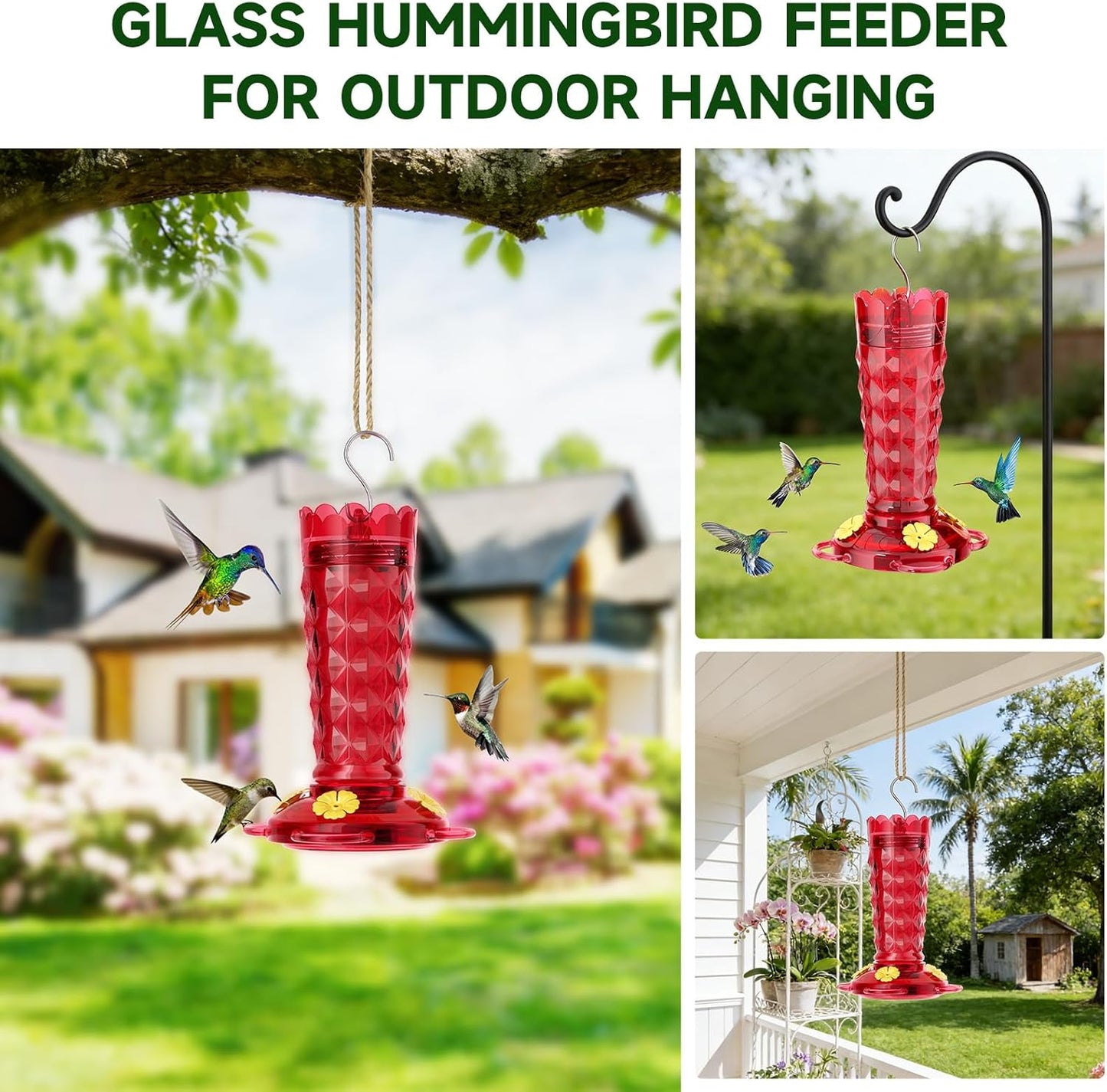 Glass Hummingbird Feeder, 2-Pack 13 OZ Red Hummingbird Feeders for Outdoors with Ant Moats & Bee Guards, Wide Mouth for Easy Cleaning, Leak-Proof Nectar Feeders, Garden Backyard Décor Gifts