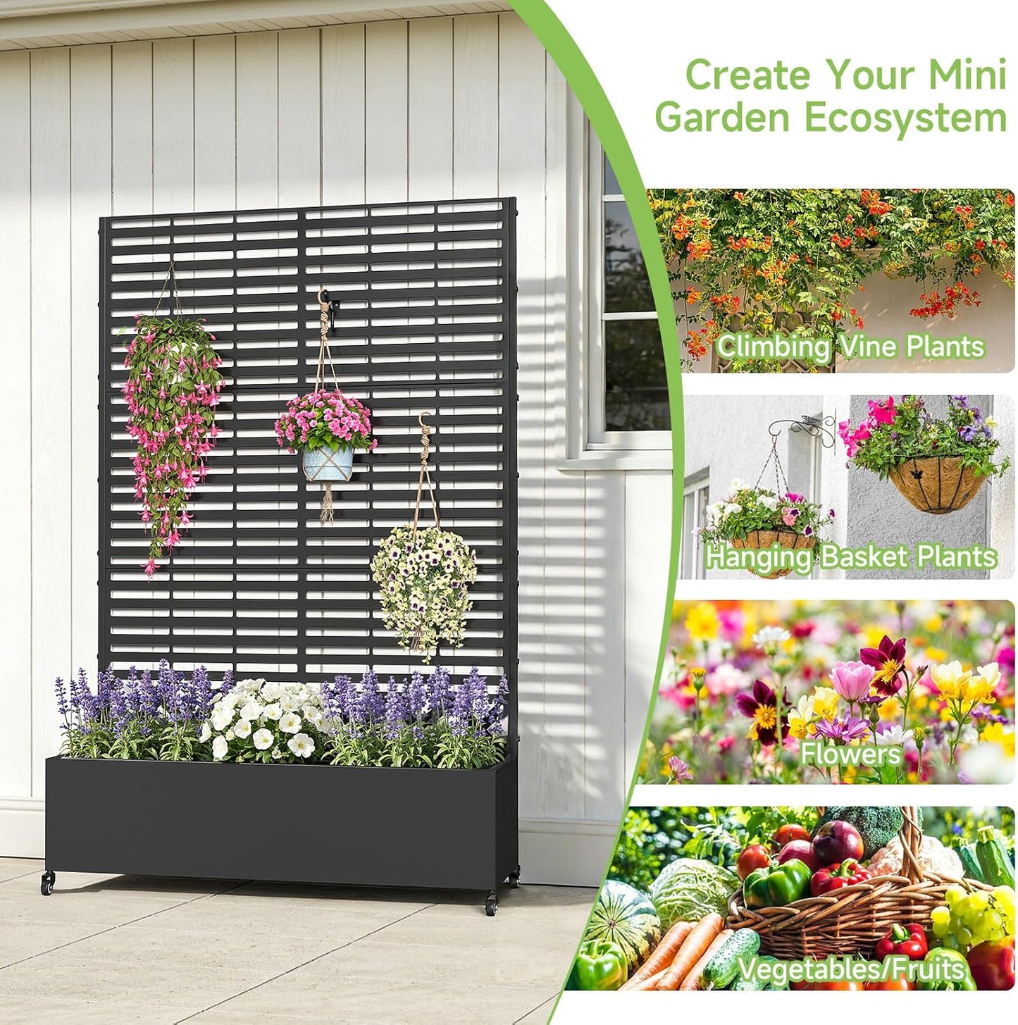 Metal Raised Garden Bed with Trellis and Wheels, 73" x 47" x 16" Planter Box with Trellis with Drainage Holes, Privacy Planters for Patio with Privacy Screen for Climbing Plants Flower Vegetables