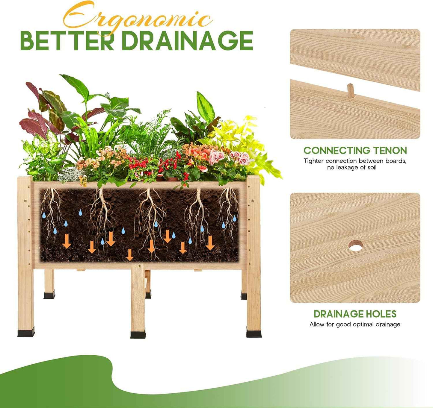 AMERLIFE 4x2 Ft Raised Garden Bed - Features Legs, Drainage Holes, 16 Inch Depth Ideal for Vegetables, Flowers, Herbs, Elevated Wood Planter Box for Balcony, Patio, and Backyard, Easy Assembly