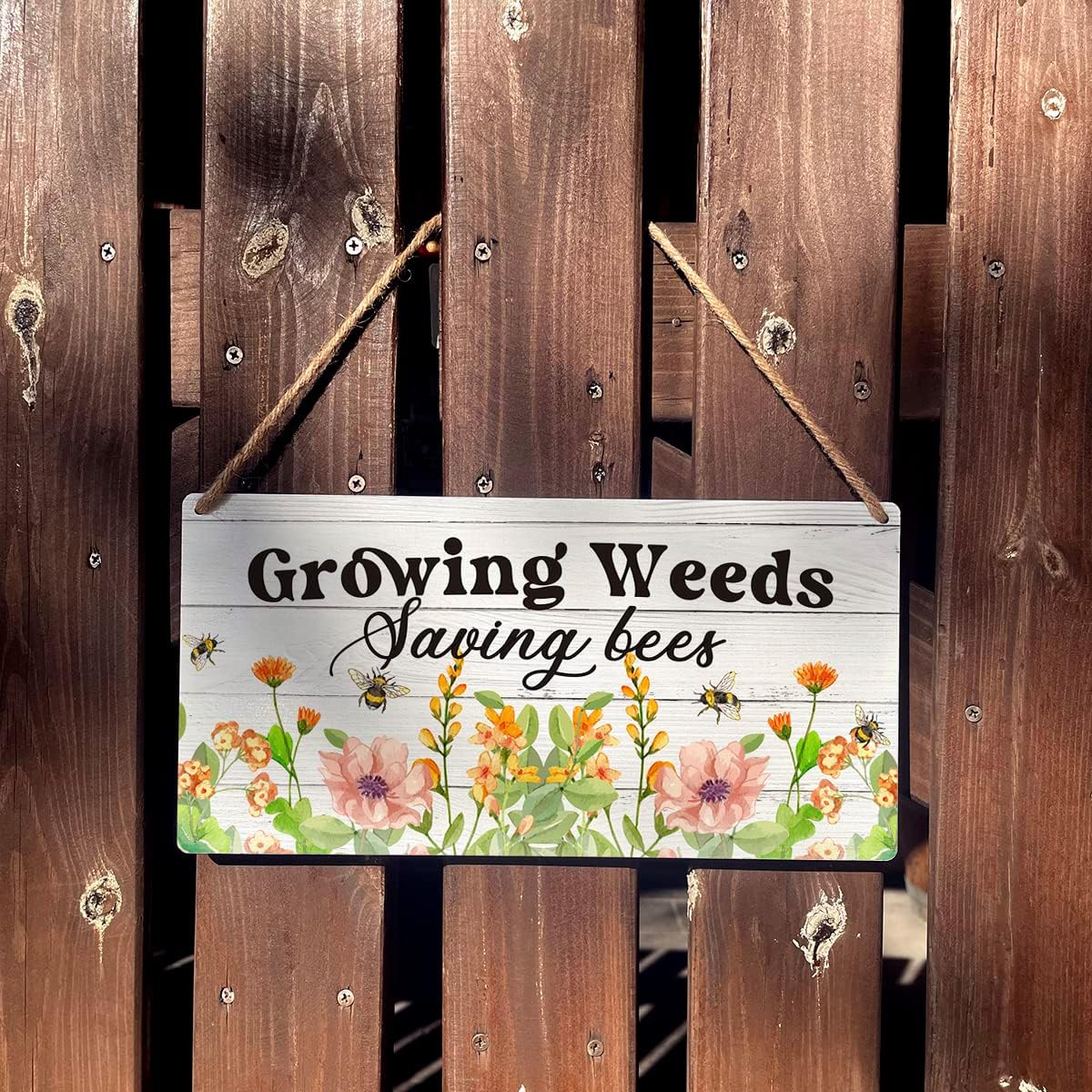 Garden Sign Gift Farmhouse Growing Weeds Saving Bees Wooden Hanging Sign Plaque Colourful Rustic Wall Art Decor for Home Garden Decoration 12 x 6 Inches