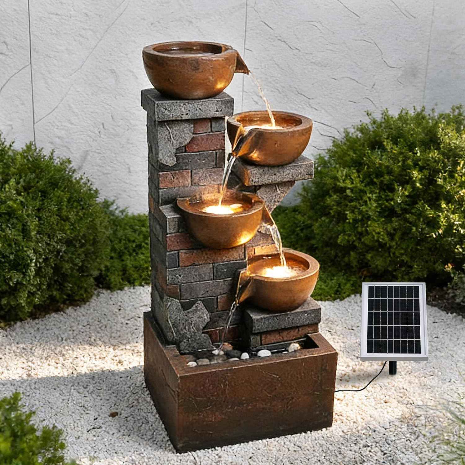 33.5" Tall Solar Water Fountain Outdoor Garden, 4-Tiered Cascading Bowl Fountains with Lights, Solar Powered Waterfall for Garden, Patio, Backyard, Deck, Porch, Indoor Decor