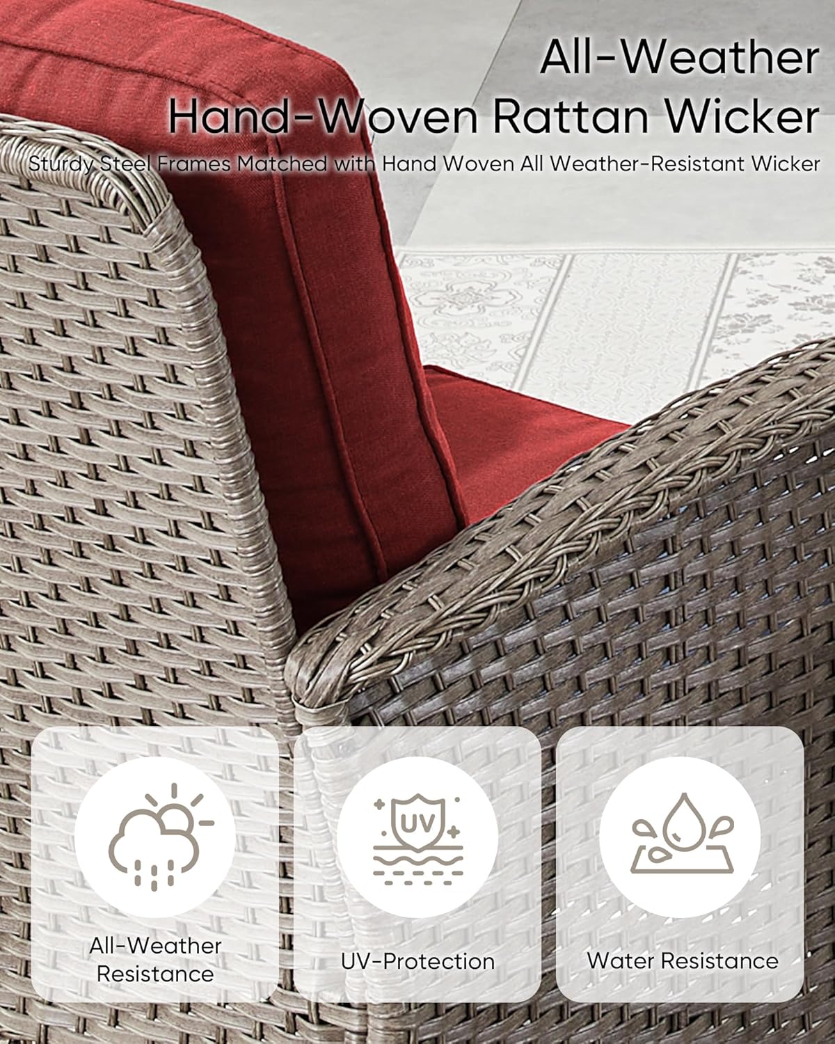 HUMMUH 7 Pieces Outdoor Furniture Set-All Weather Wicker Rattan Couch with Outdoor Rocking Chair Patio Furniture for Deck Lawn Porch Balcony Poolside-Grey/Red