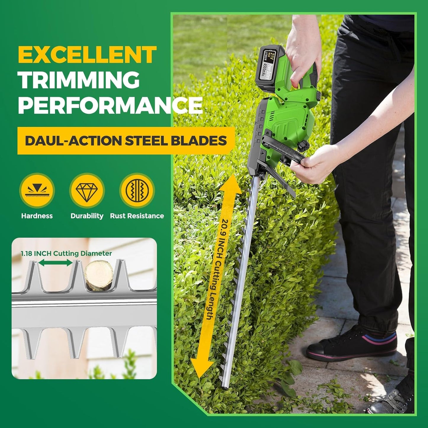 20" Hedge Trimmer Cordless, 21V Electric Hedge Trimmer with 2 Pack 4.5Ah Batteries and Charger Included, Goggles, Gloves, Small Bush Trimmer Garden Tools for Tree, Garden, Lawn, Yard, Garden Gifts