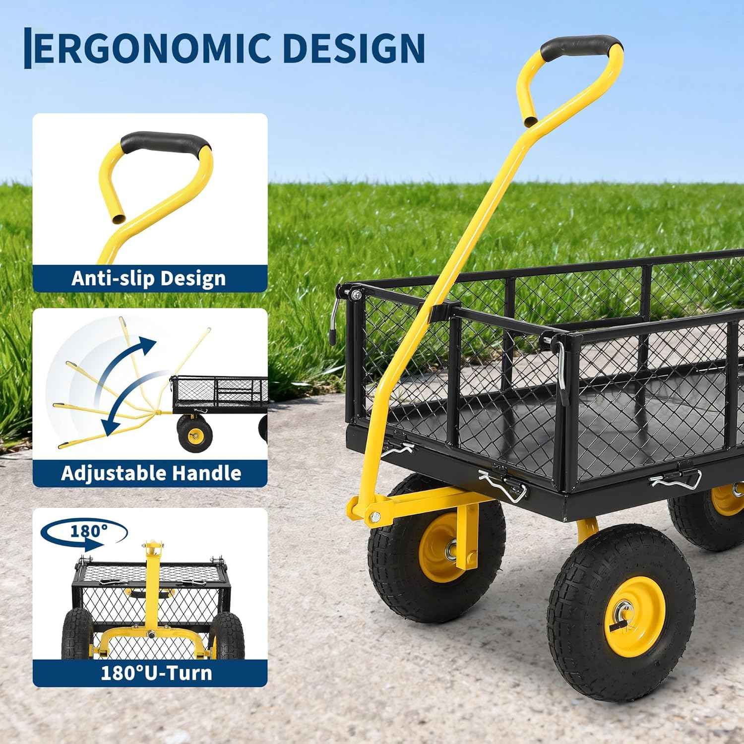 900 Lb Capacity Heavy Duty Steel Garden Cart – 2-in-1 Utility Wagon with Removable Mesh Sides, 10" All-Terrain Tires, Flatbed Conversion, 180° Rotating Handle – Perfect for Lawn, Garden & Backyard