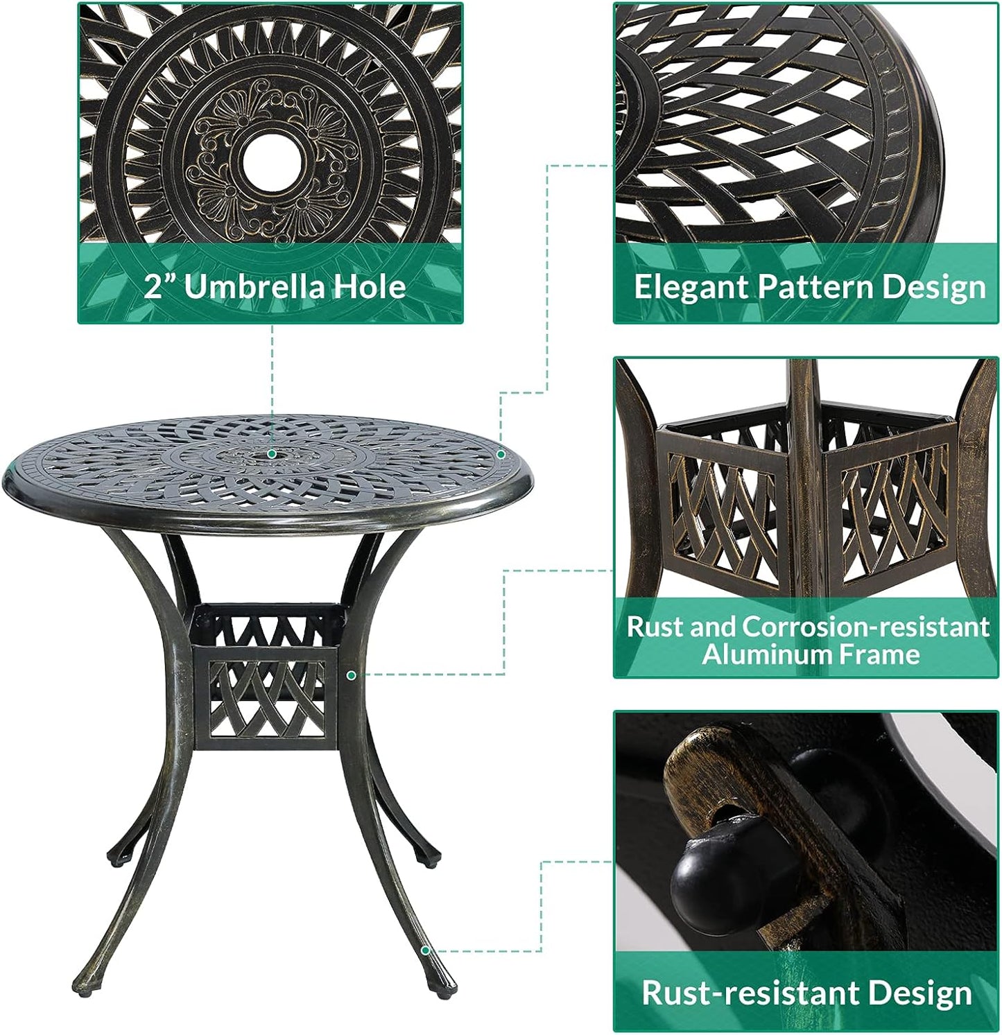 VIVIJASON 3-Piece Patio Furniture Dining Set, All-Weather Cast Aluminum Outdoor Bistro Set, Include 2 Chairs and 31" Round Table w/Umbrella Hole for Balcony, Lawn, Garden, Backyard