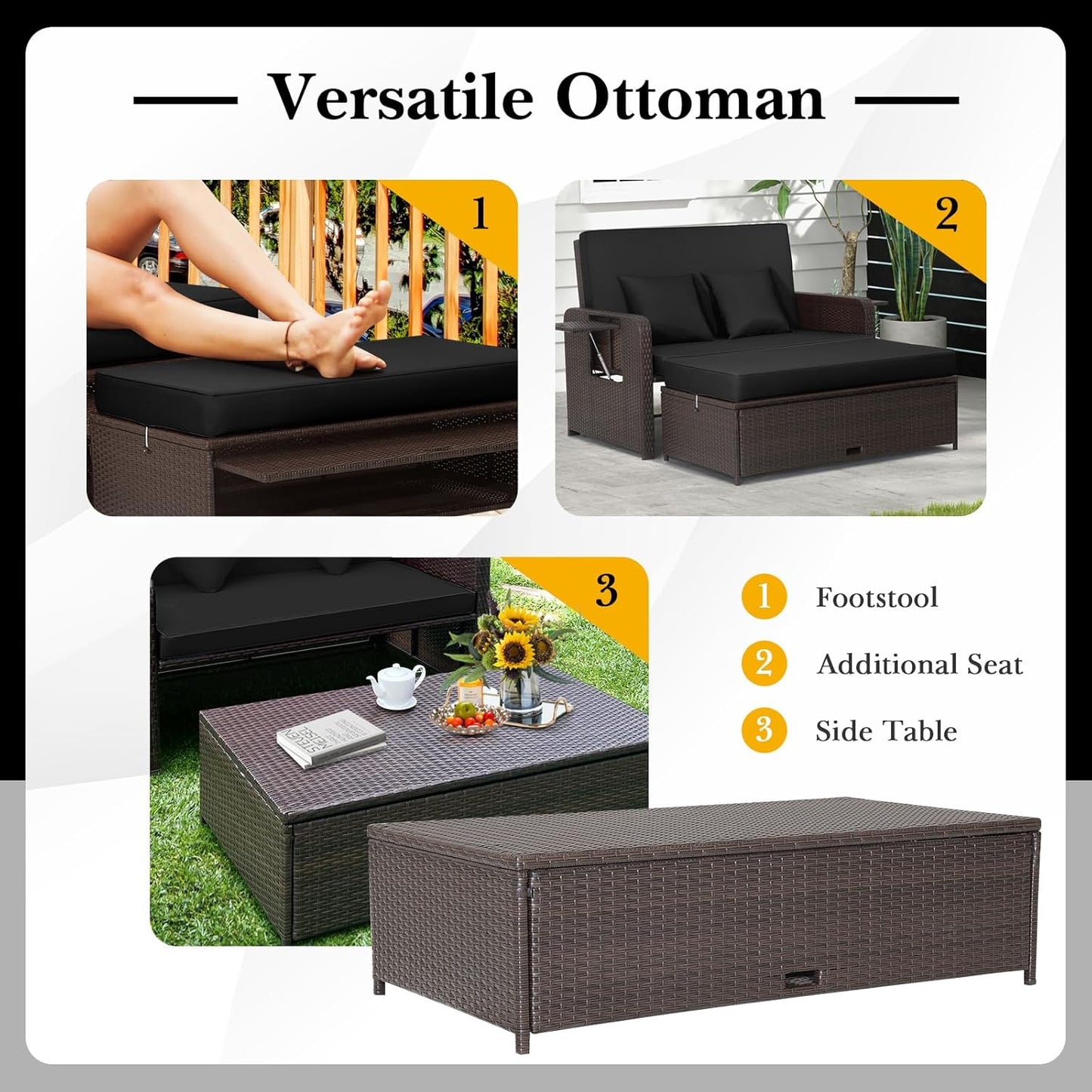 Tangkula Patio Rattan Daybed Set, Wicker Loveseat Sofa w/Multipurpose Ottoman & Retractable Side Tray, 4-Level Adjustable Backrest, Footstool w/Storage, Seat & Back Cushion Included (Black)