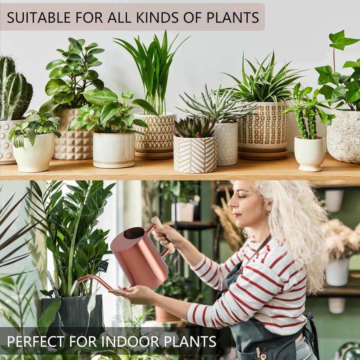 Watering Can Indoor Plants, 35oz Small Stainless Steel Metal Watering Can Modern Decorative Watering Pot with Long Spout for Indoor House Plant Bonsai Garden Flowers (Copper)