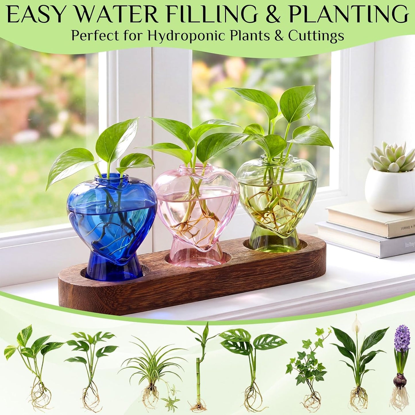 Zhehao 3 Pcs Plant Propagation Stations with Wooden Stand Heart Shaped Propagation Vases for Indoor Plants Home Office Desk Decor Gardening Gifts for Women Mom Birthday Gifts for Plants Lovers