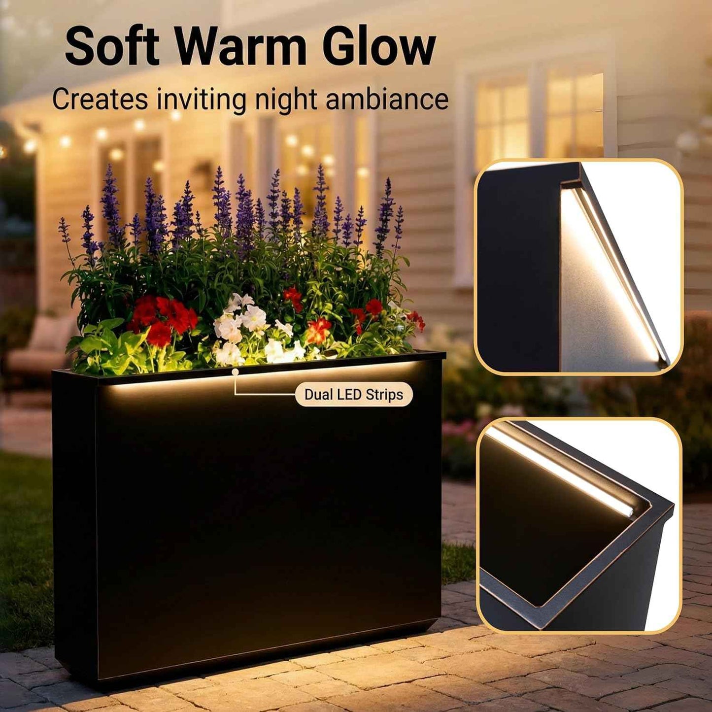 Metallic Heavy Planter with Two LED Light Strips, 38"L x 10"W x 30"H – Black