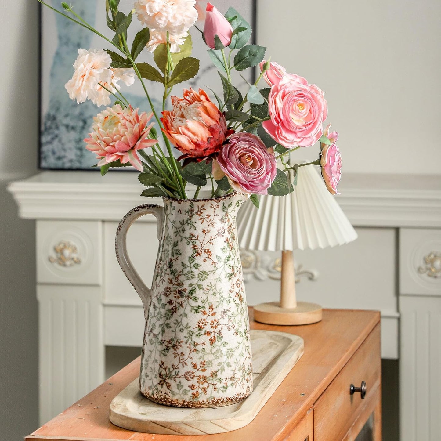 Enra Pitcher vase with Handle,12.2 in Ceramic Vintage Chinoiserie Floral Vase,Green and Beige Decorative Flower vase,Large Rustic Vases for Home Decors, Living Room, Bookshelf, Office