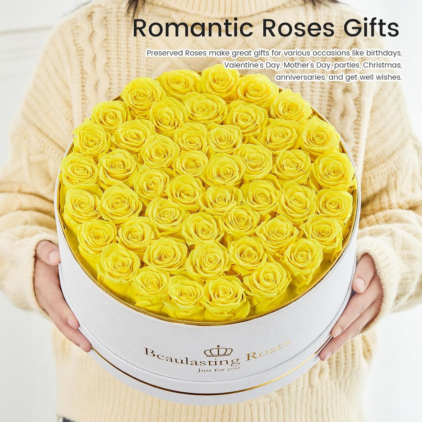 Preserved Roses Forever Flowers Real Roses in a Box Mother's Day Birthday Flowers for Her Mom Women Wife Valentine's Day, Yellow, 47 Piece