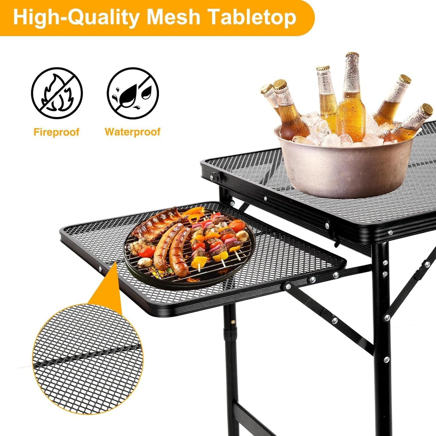 Grill Table Folding Table with 2 Wing Panels 4FT+1.77 FT with Mesh Desktop 3 Height Adjustable Portable Grill for Outdoor Indoor Beach BBQ Picnic Travel RV Black