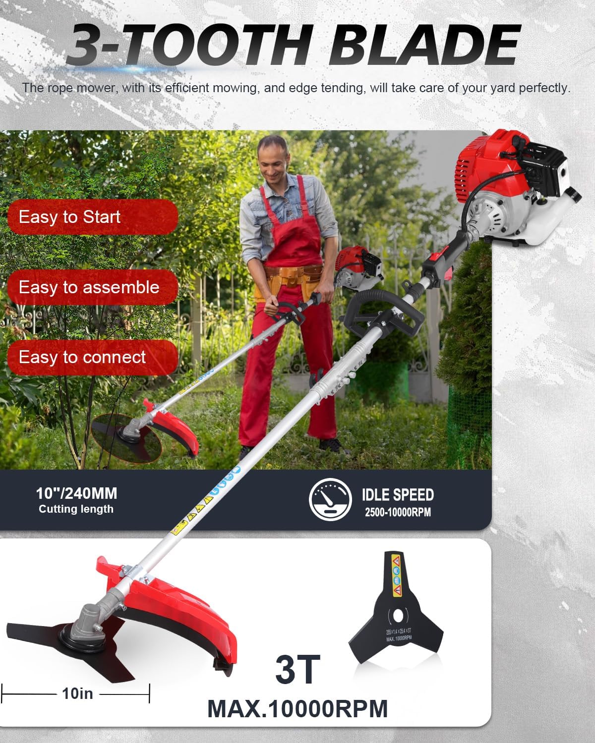 5-in-1 Weed Wacker Gas Powered – 52CC 2-Stroke String Trimmer/Edger, Pole Saw, Hedge Trimmer and Brush Cutter Blade with Extension Pole – Gas Powered Yard Tool for Landscaping (Red)