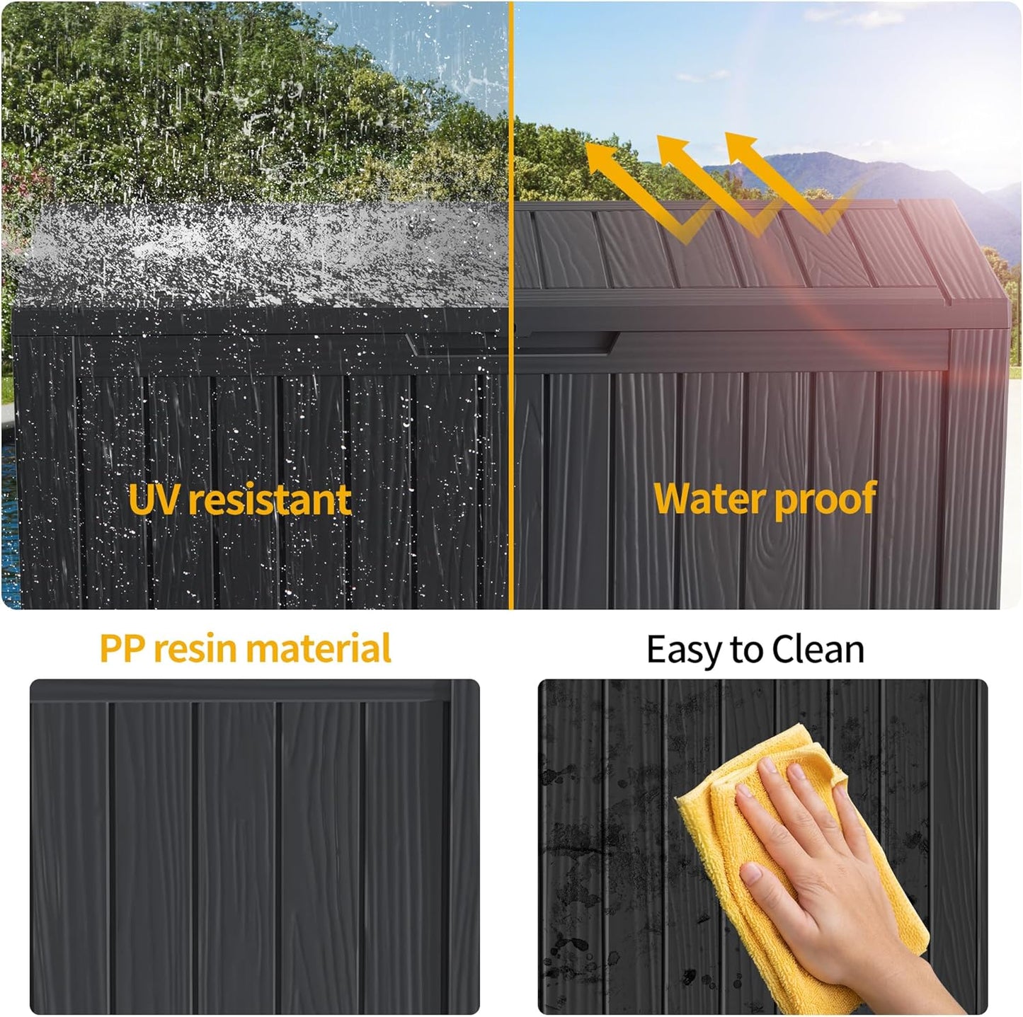 80GAL Black Outdoor Deck Box with Lockable Lid – Waterproof, SGS - Certified UV Resistance, Spacious Storage for Patio Cushions, Pool Accessories & Gardening Supplies, Easy Assembly