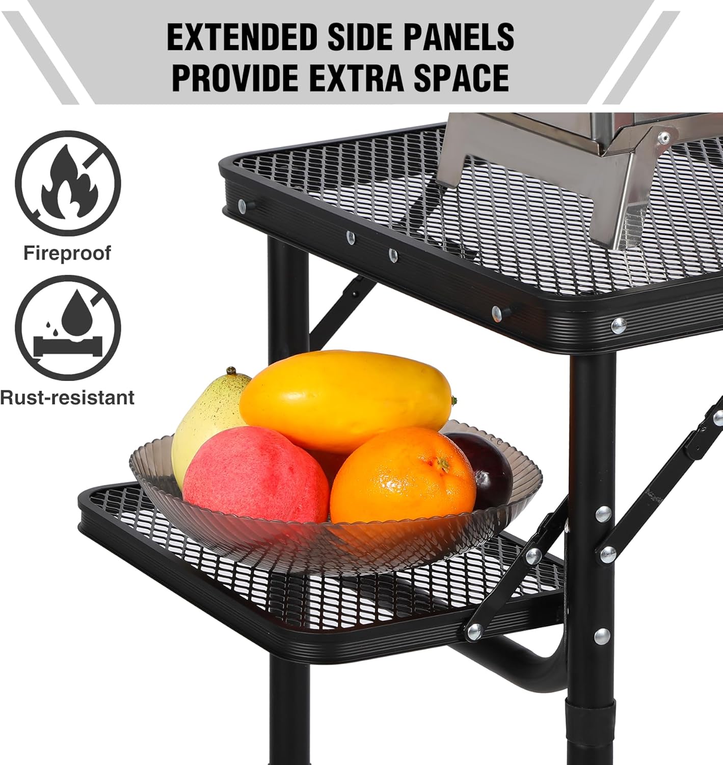 RedSwing Folding Grill Table with Extra Space, Adjustable Height Portable Small Stand Table for Outdoor Indoor Camping Picnic BBQ, Black with Side Table