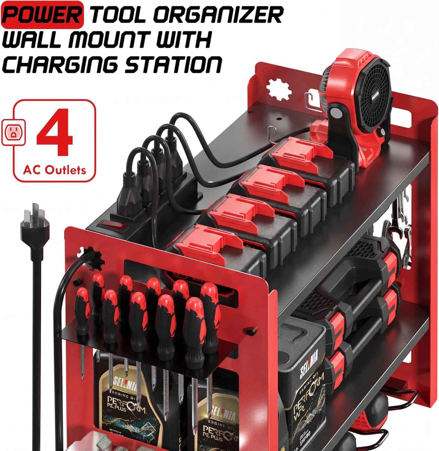 TOPRINCE Power Tool Organizer Wall Mount with Charging Station, 3-Tier Heavy Duty Metal Tool Rack with 4 Drill Holders and 6FT Power Strip, Garage Workshop Storage.Red