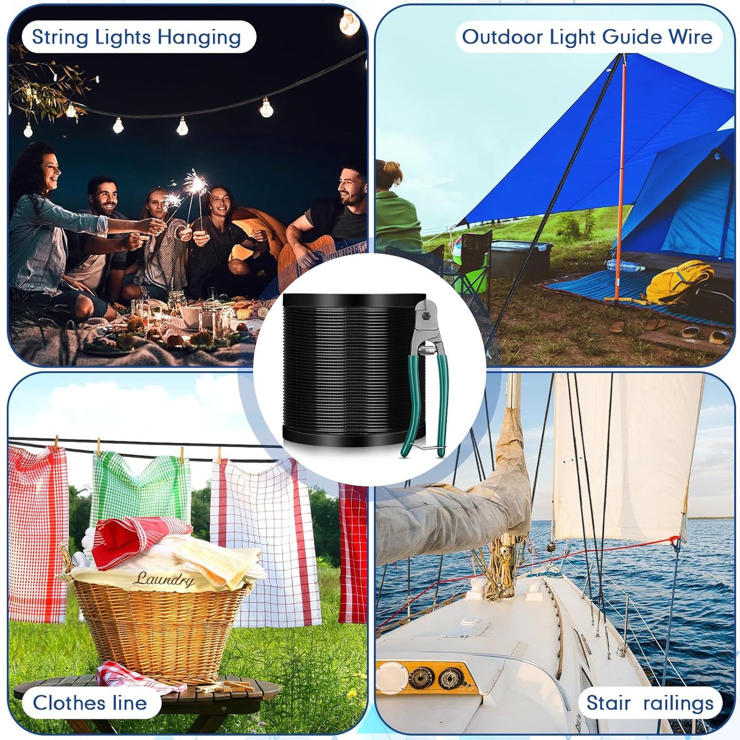 Tandefio 500 ft Vinyl Coated Wire Rope 304 Stainless Steel Black Stainless Wire 1/16 Inch Overmolded to 3/32 Inch with Cutter 7x7 Strands Construction for String Lights Hanging Clothesline Fence