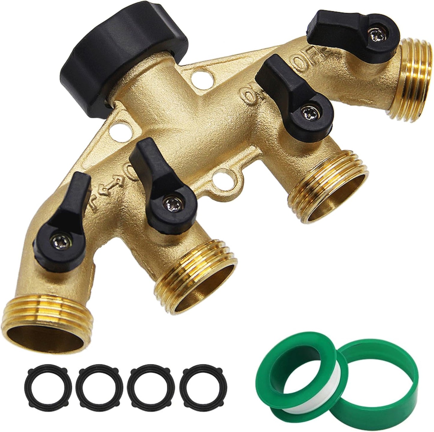 4 Way Brass Hose Splitter, 3/4" Brass Hose Faucet Manifold, Garden Hose Adapter Connector