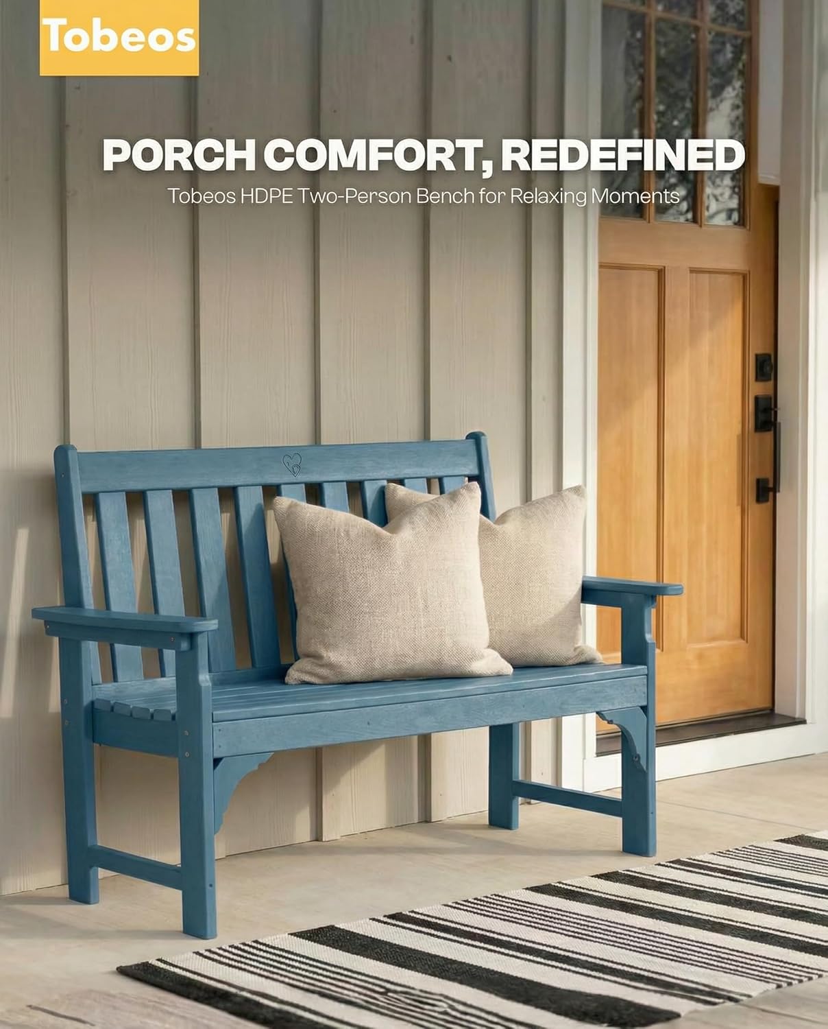 2-Person Outdoor Garden Bench, HDPE All-Weather Patio Bench with Backrest & Armrests, Heavy Duty Outdoor Seating for Porch, Backyard & Park, 660 lbs (Navy Blue, 1 Bench)