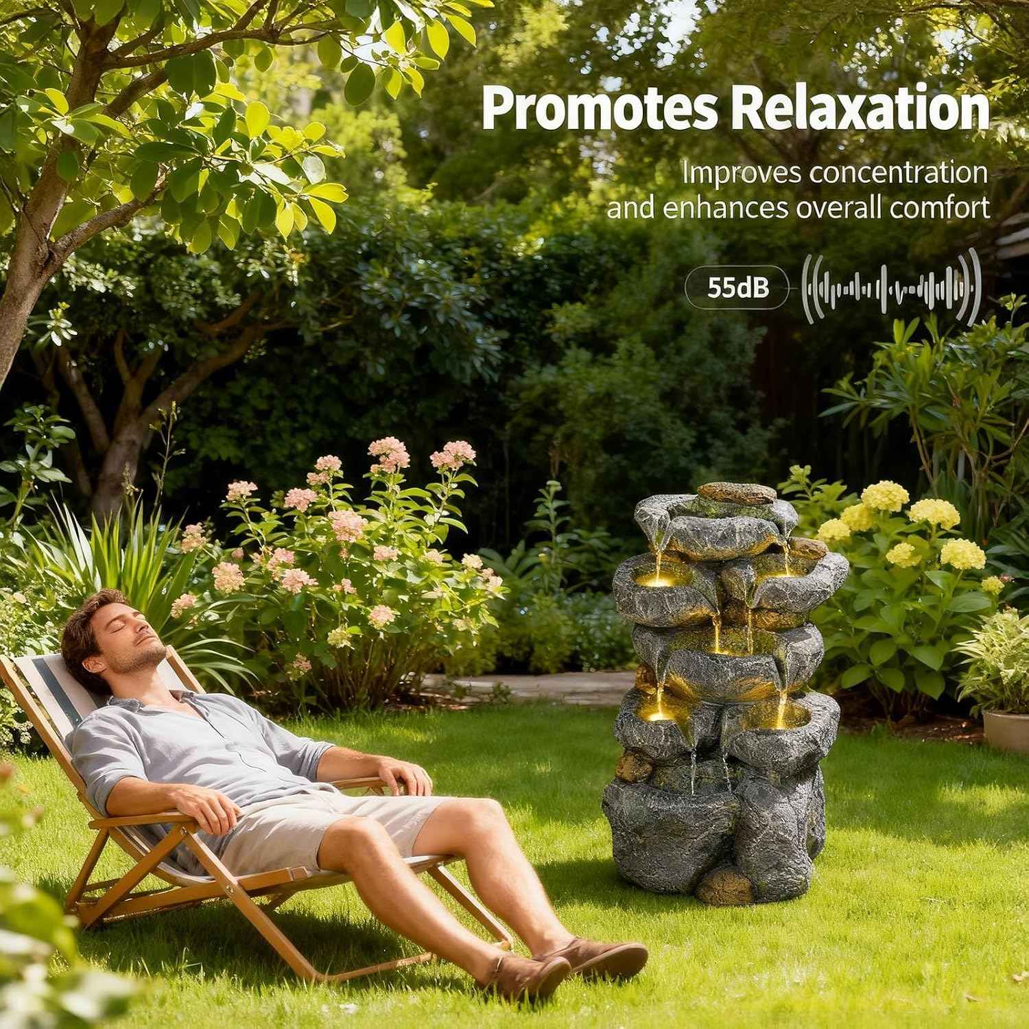 Solar Water Fountain Outdoor Garden, 24" H Cascading Stone Design 5 Tier Rock Feature Outdoor Fountains Waterfalls with Light, Pump Solar Panel for Patio, Deck, Porch, Backyard Home Décor