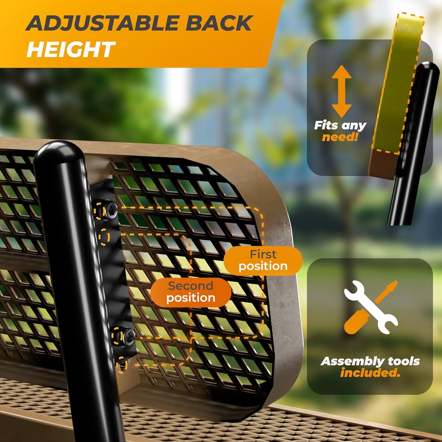 Heavy-Duty Outdoor Metal Bench, Thermoplastic-Coated, Portable, Weatherproof, Commercial-Grade for Parks, Gardens, Patios, Stores & More (6 Ft - Portable with Back, Brown)