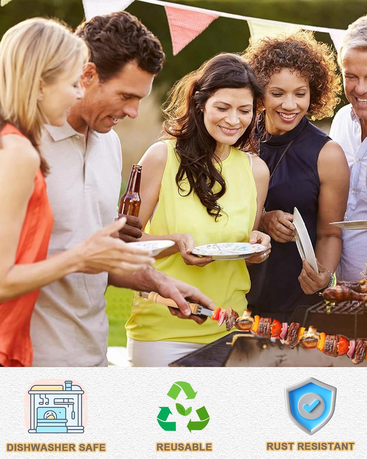 23.5" Large Skewers for Grilling,304 Stainless Steel 0.4 inch Wide Kabob Skewers with Wooden Handle,Heavy-Duty Flat Metal Kebab Skewer,BBQ Barbecue Skewer Reusable for Outdoor Grill-12PCS