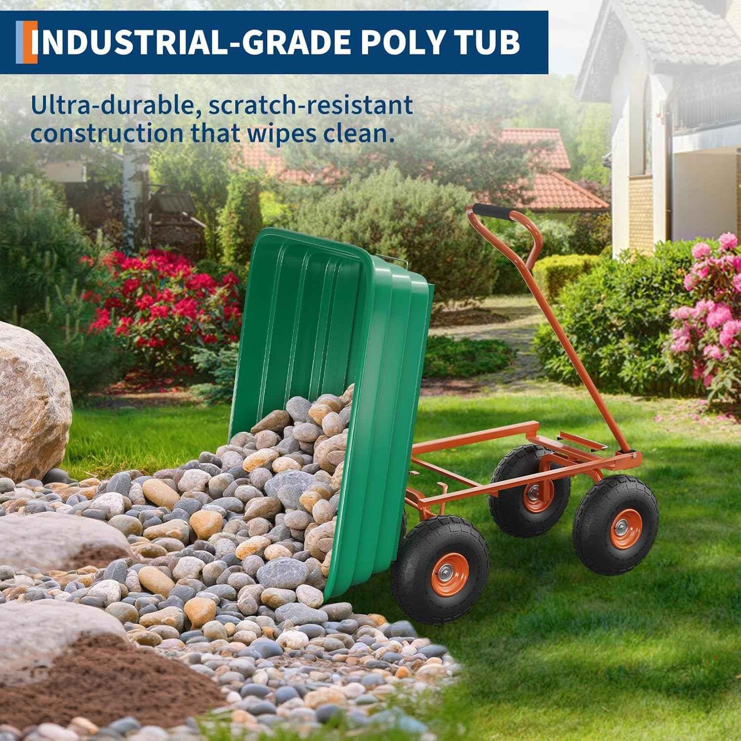 Poly Dump Cart, 4 Cu.Ft. Heavy Duty 600 LBS Garden Cart, 10" No-Flat Tires & 180° Rotating Handle, Rust-Proof Polyethylene Yard Dump Wagon for Yard, Landscaping, Gardening, Quick Release