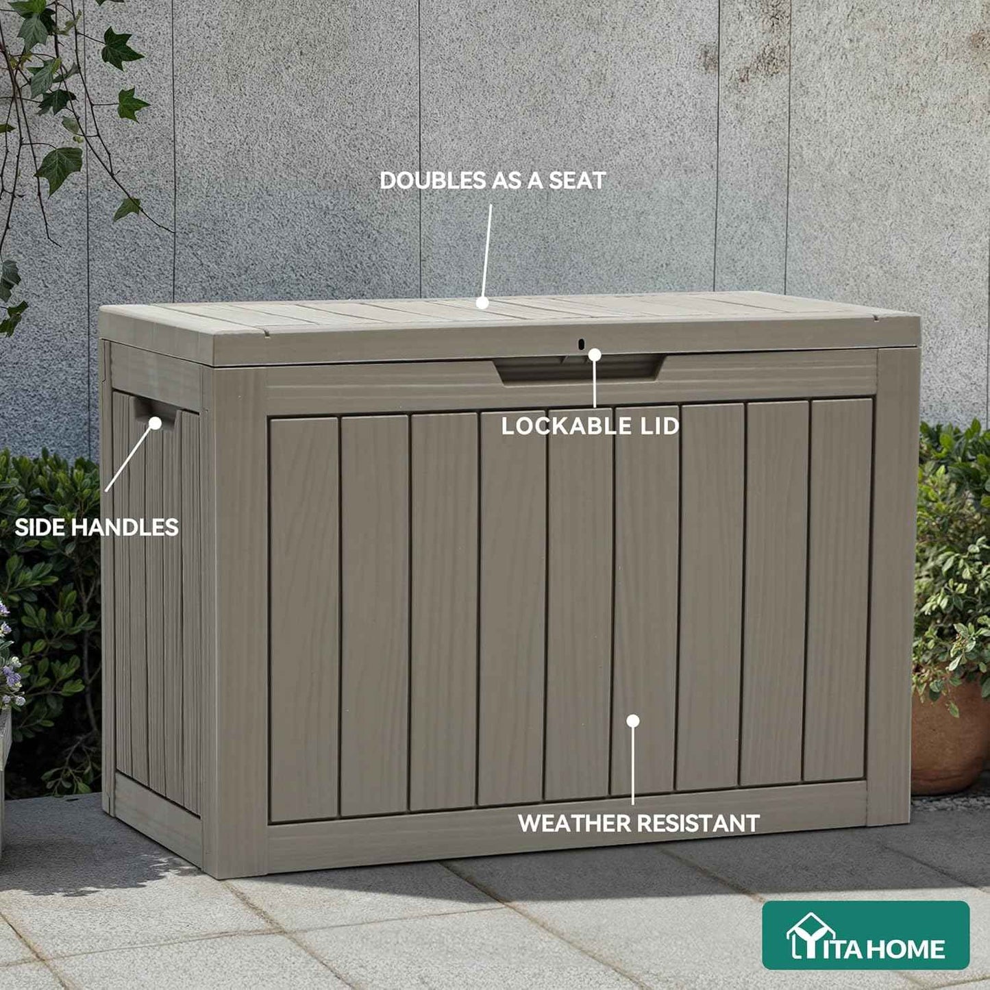 YITAHOME Outdoor Storage Box, 45 Gallon Waterproof Resin Deck Box, Lockable Organizer for Patio, Poolside, Deck, Cushions, Throw Pillows, Garden Tools, Brown