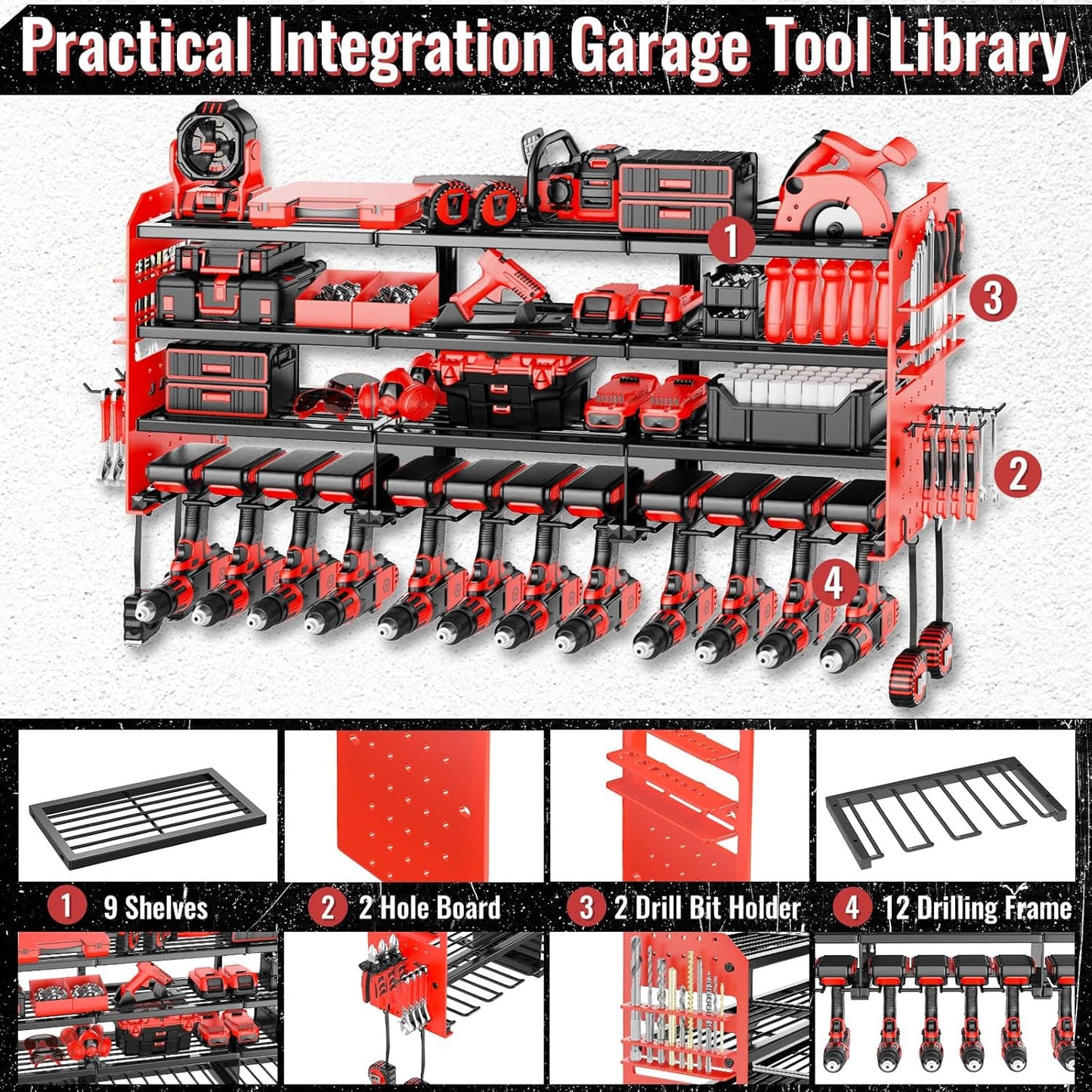 Large Power Tool Organizer Wall Mount-12 Drill Holder, Metal Heavy Duty Garage Tool Storage Shelves with Screwdriver Plier Holder, Gifts Idea for Men Dad Husband