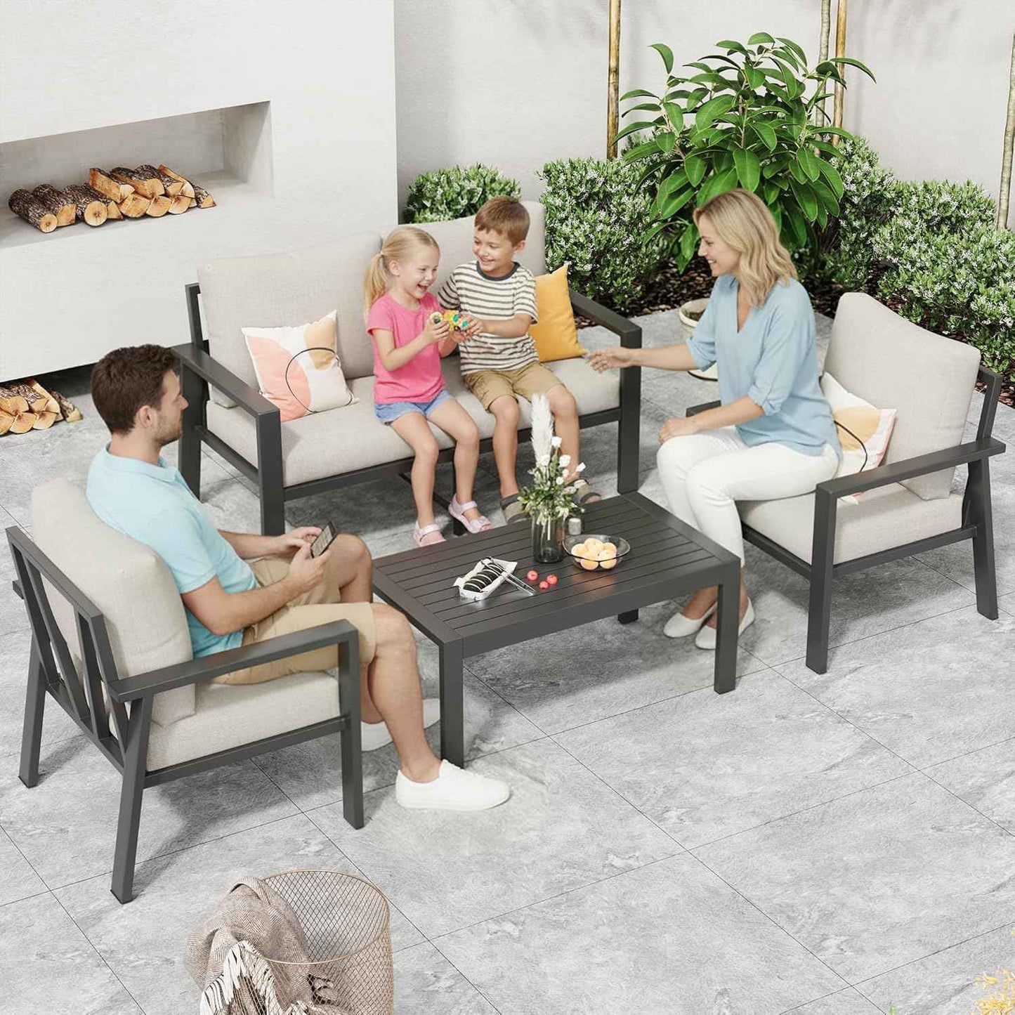 Aluminum Patio Furniture Sets Metal Outdoor Furniture Set with Cushion All-Weather Sectional Sofa with Coffee Table for for Backyard, Garden and Poolside Easy Assembly(Beige)