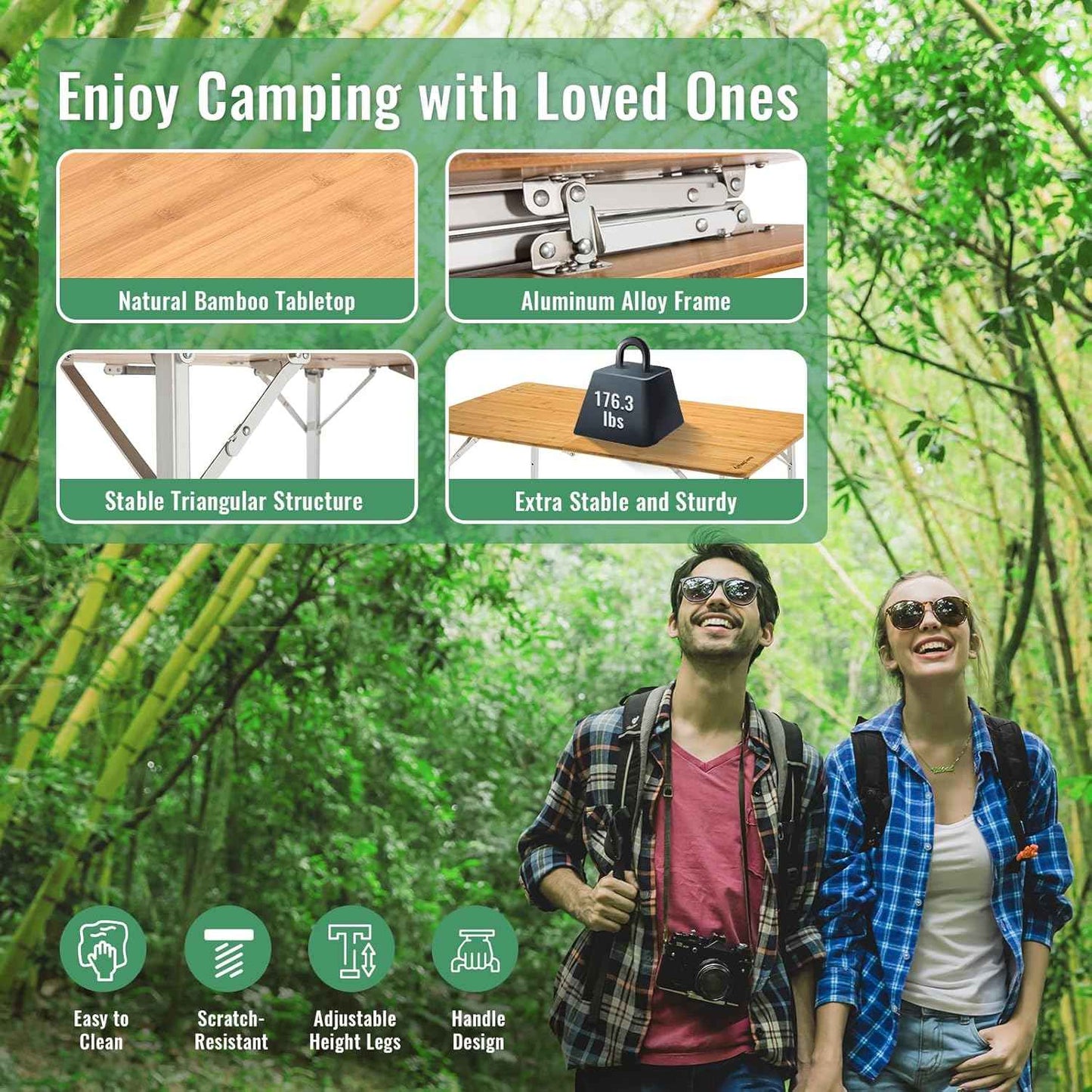 KingCamp Bamboo Folding Table, Camping Outdoor Portable Camp Table with Adjustable Height legs & Carry Bag for Outdoor RV Backyard Picnic Tailgating Beach