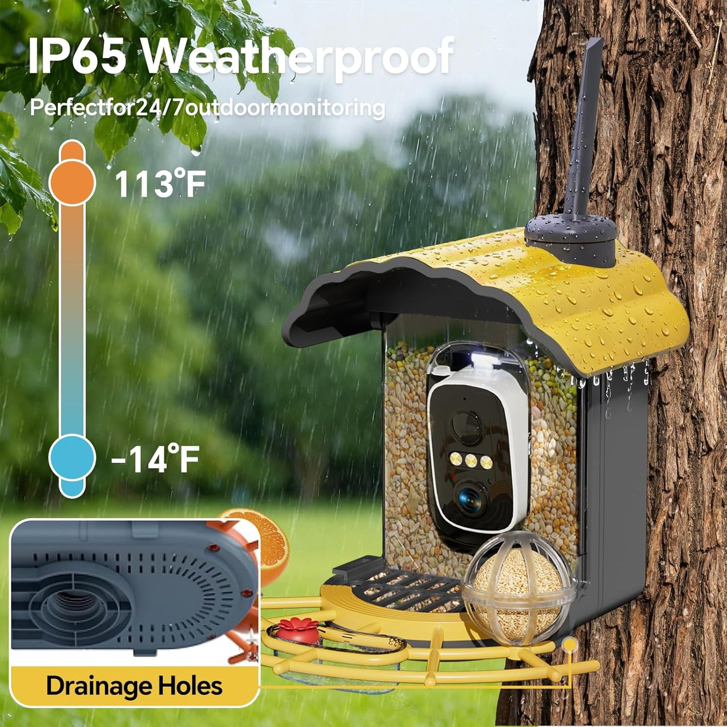 Smart Bird Feeder with Camera: Hummingbird Feeder with Solar Powered for Outdoors, Bird House with 2K HD Video & AI Bird Species Identification, Arrival Alerts, Gift for BirdLovers - Yellow