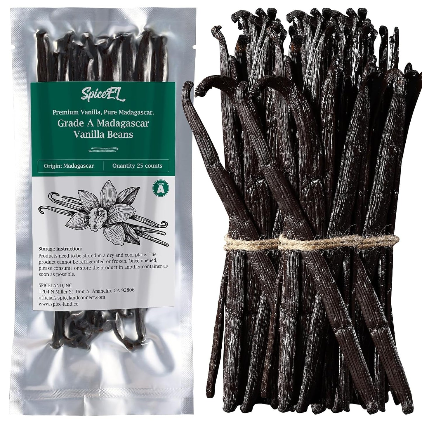 SPICEEL Madagascar Vanilla Beans Grade A Vanilla Pods for Making Extract, Whole 5" - 7" Vanilla Beans for Baking, 25 Counts