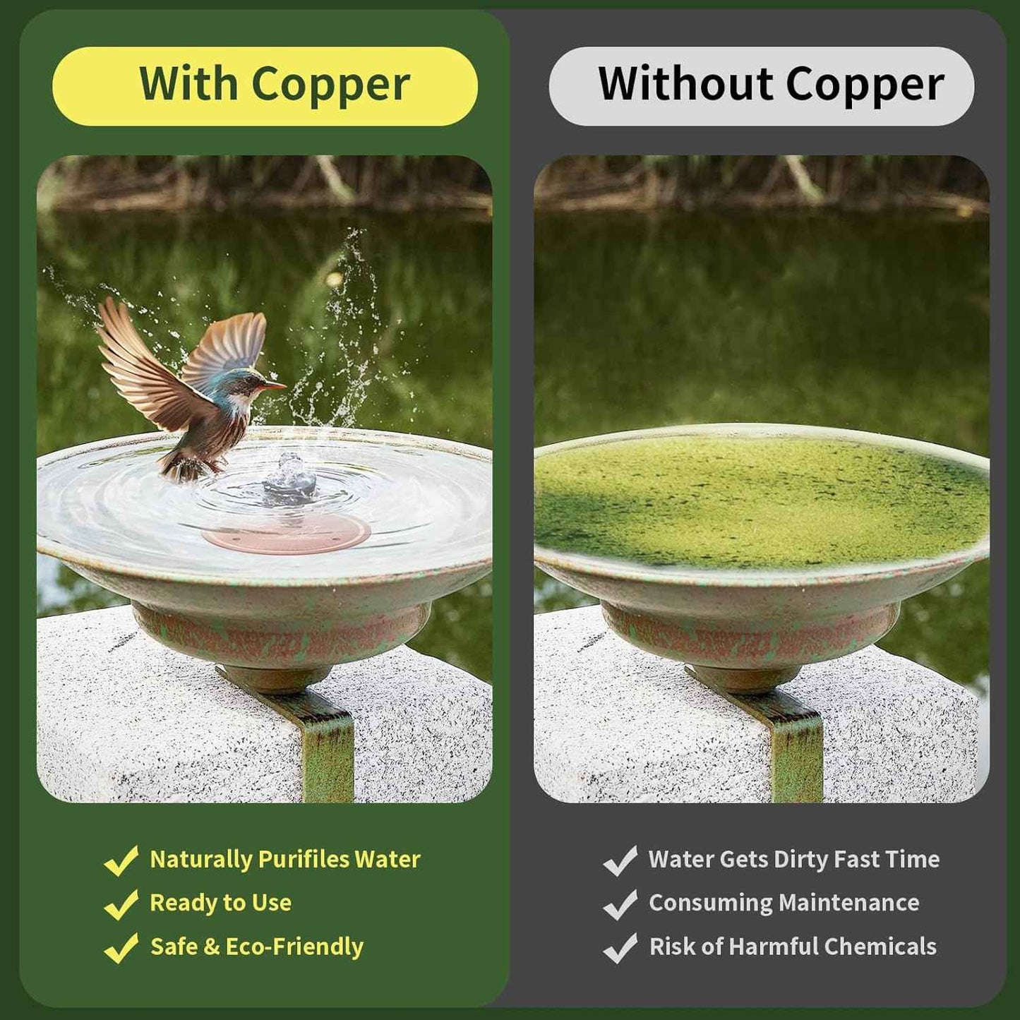 Bird Bath Copper Disk, 99.99% Pure Copper Bird Bath Cleaner, Triple-Point Support, All-Season Water Cleaber for Outdoor Bird Baths & Bowls (1 Pcs)