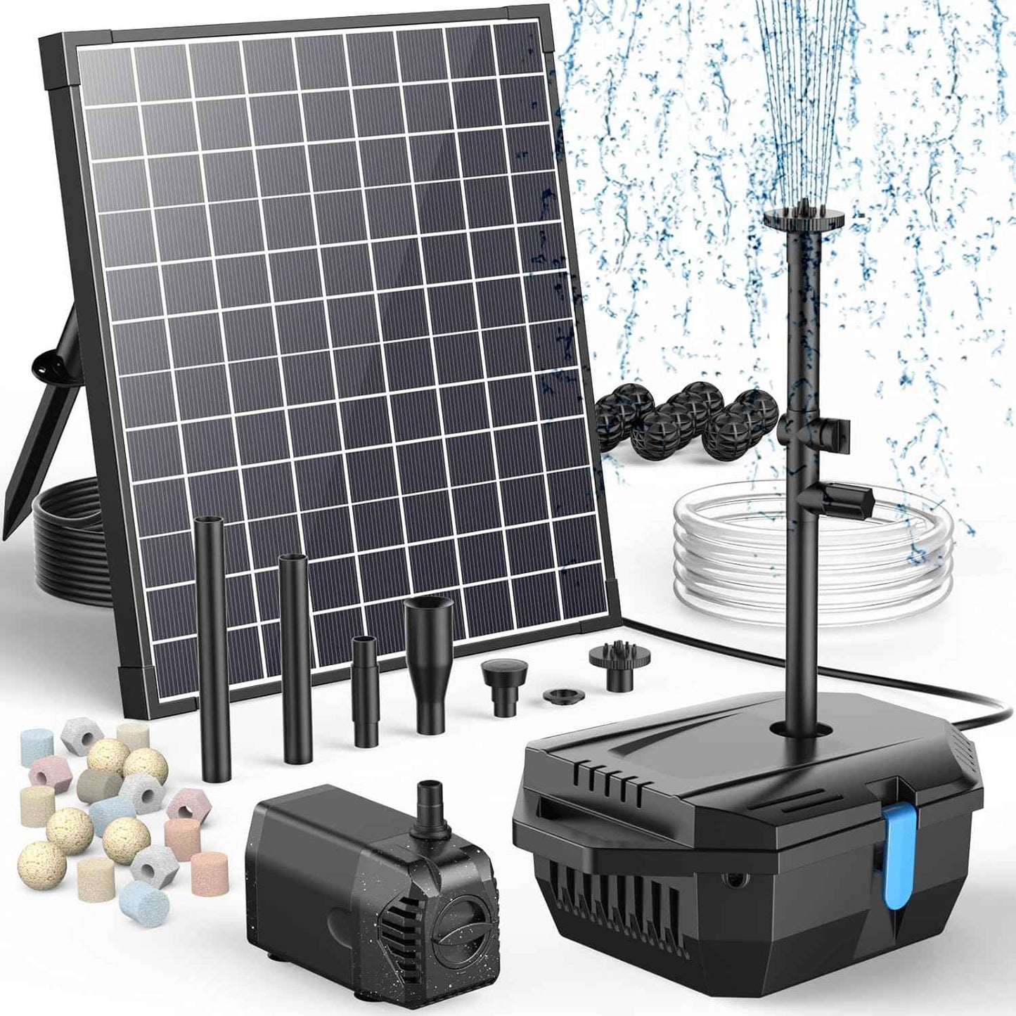 Antfraer 25W Solar Pond Pump with Filter Box, Outdoor Solar Pond Filter Fountain Kit for Garden Pond Waterfall, Includes Adjustable Nozzles, Tubing & Filtration Media